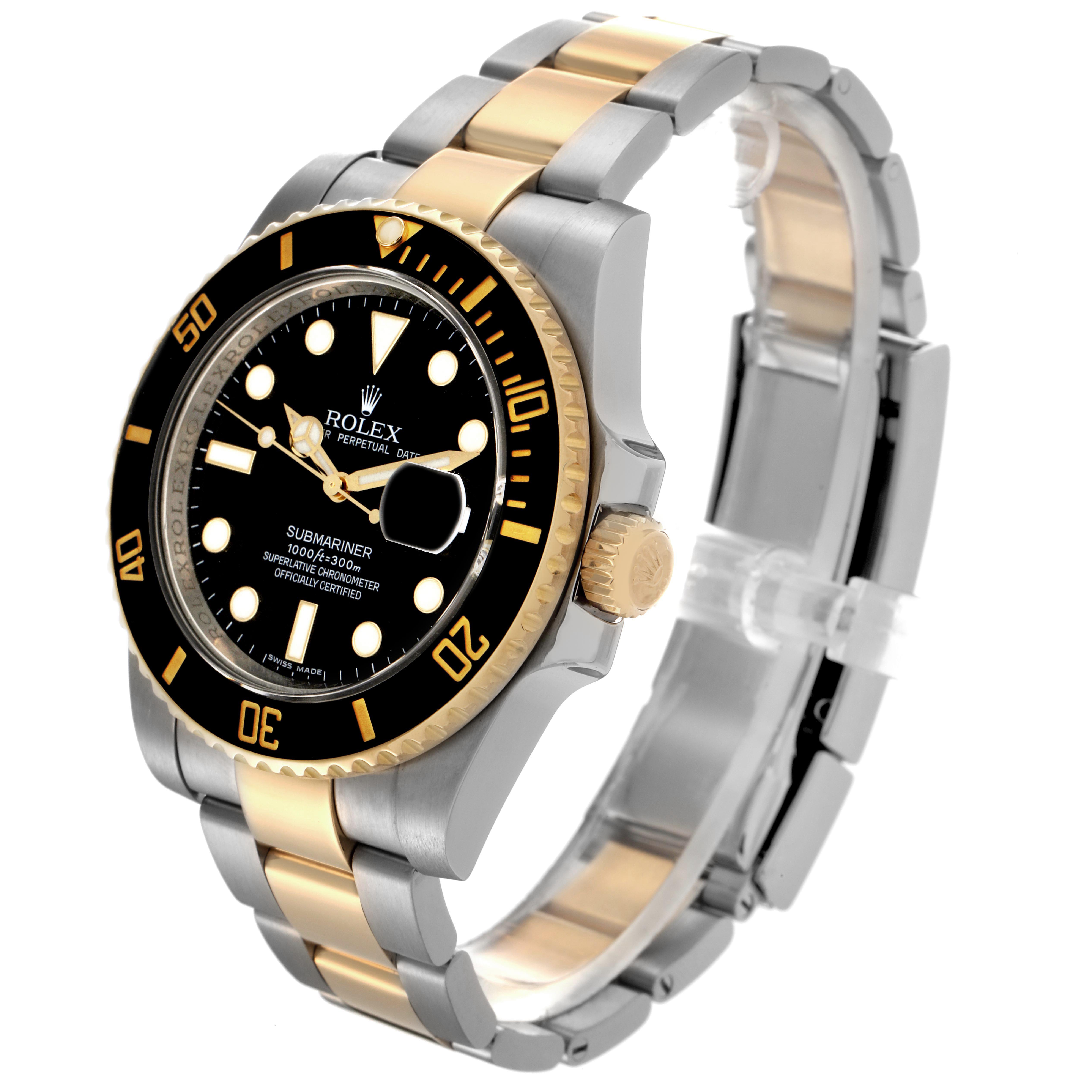 The Rolex Submariner 116613 Men's Steel and Gold (two tone) Black Dial 116613 Men's Steel and Gold (two tone) Black Dial watch is shown at a three-quarter angle, displaying the dial, bezel, crown, and bracelet.