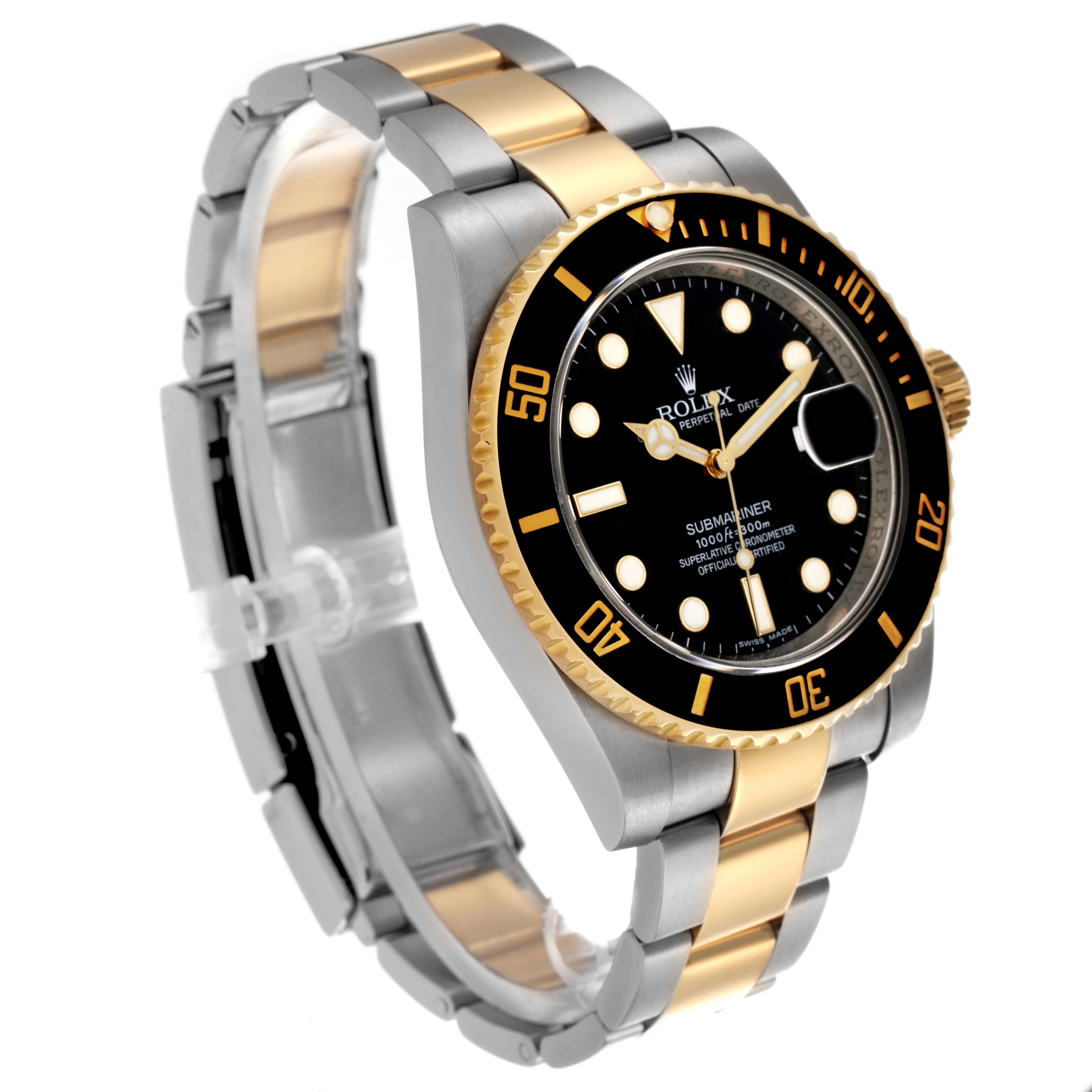 The Rolex Submariner 116613 Men's Steel and Gold (two tone) Black Dial 116613 Men's Steel and Gold (two tone) Black Dial watch is shown at a side angle, displaying its two-tone metal bracelet and black bezel with a clear view of the face.