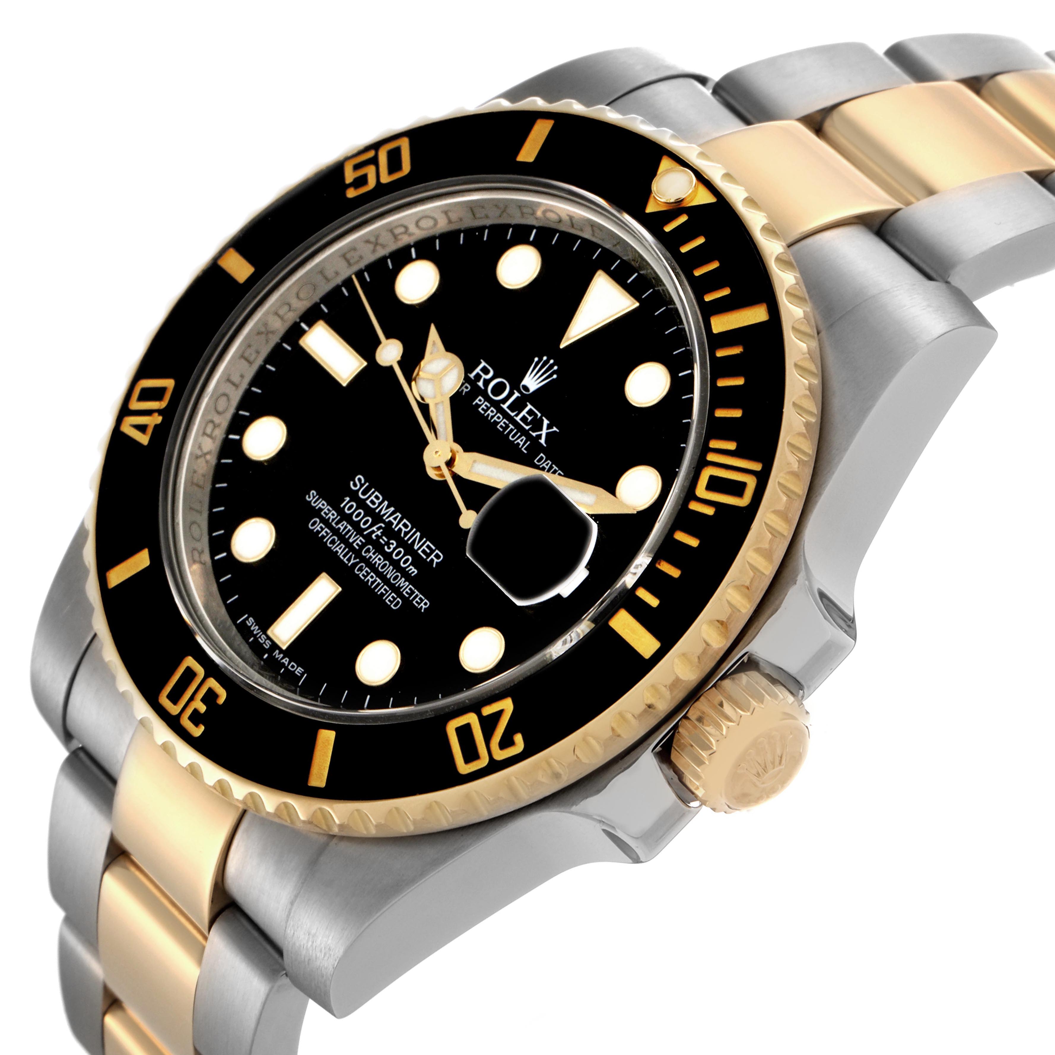 The Rolex Submariner 116613 Men's Steel and Gold (two tone) Black Dial 116613 Men's Steel and Gold (two tone) Black Dial watch is shown at an angled side view, featuring the bezel, dial, case, crown, and part of the bracelet.