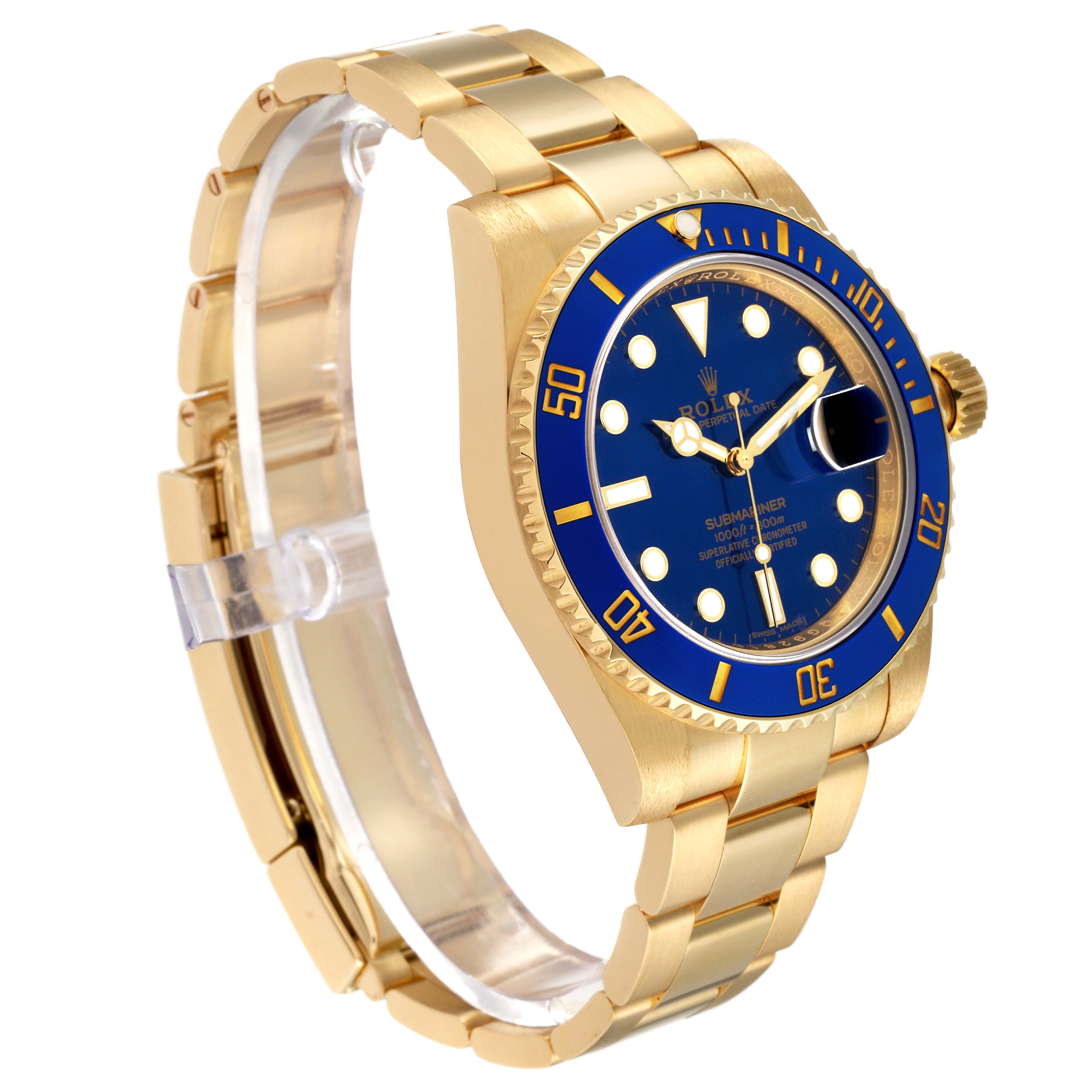This image shows a side angle of a Rolex Submariner 116618 Men's Yellow Gold Blue Dial 116618 Men's Yellow Gold Blue Dial watch, revealing the case, bezel, dial, and part of the bracelet.