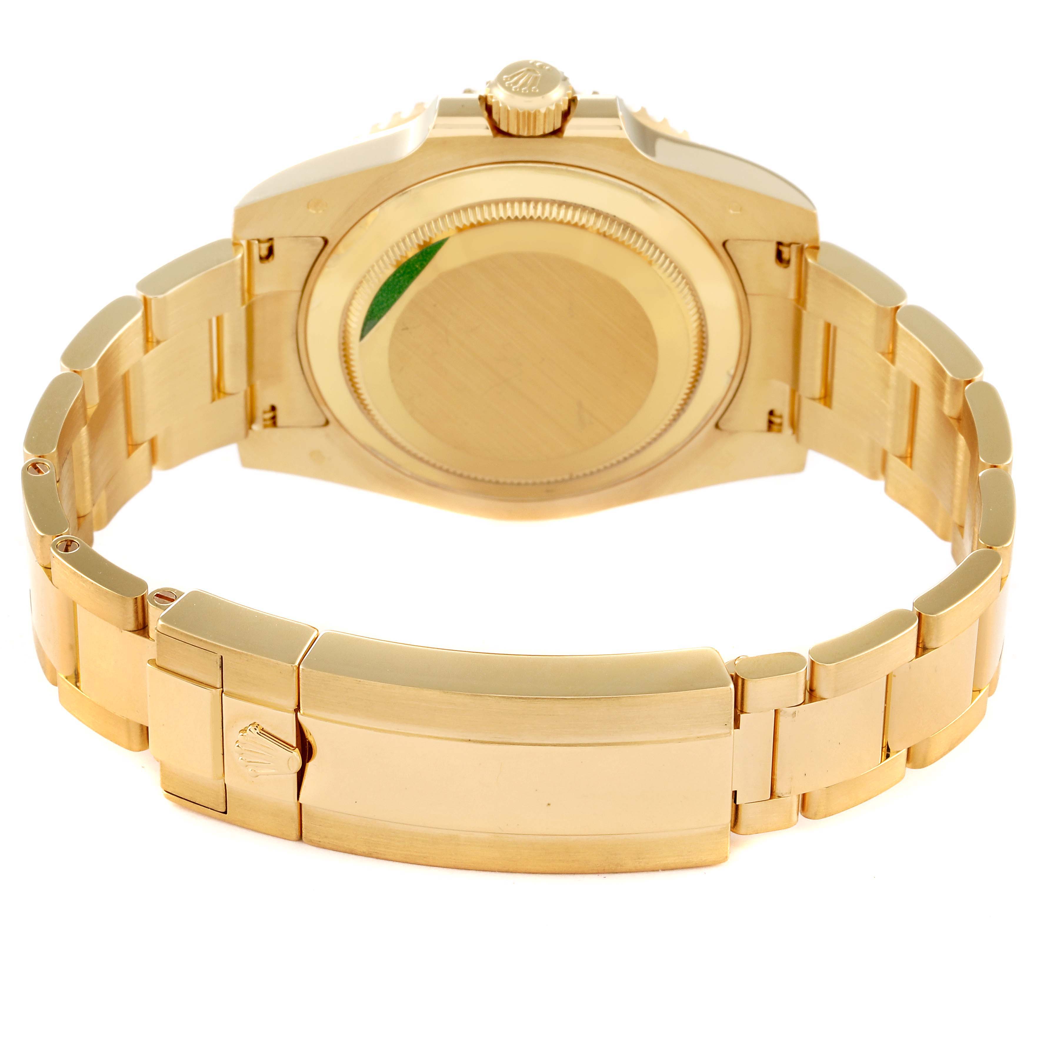 The image shows the back and clasp of a Rolex Submariner 116618 Men's Yellow Gold Blue Dial 116618 Men's Yellow Gold Blue Dial watch, featuring its gold bracelet and case back.