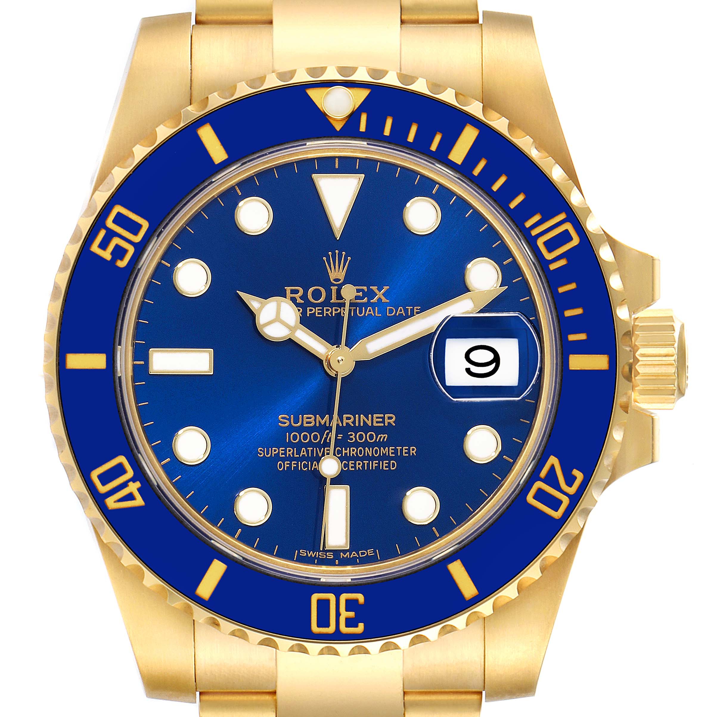 The image shows a front view of a Rolex Submariner 116618 Men's Yellow Gold Blue Dial 116618 Men's Yellow Gold Blue Dial watch with a blue dial and bezel, including the crown, bracelet, and date display.