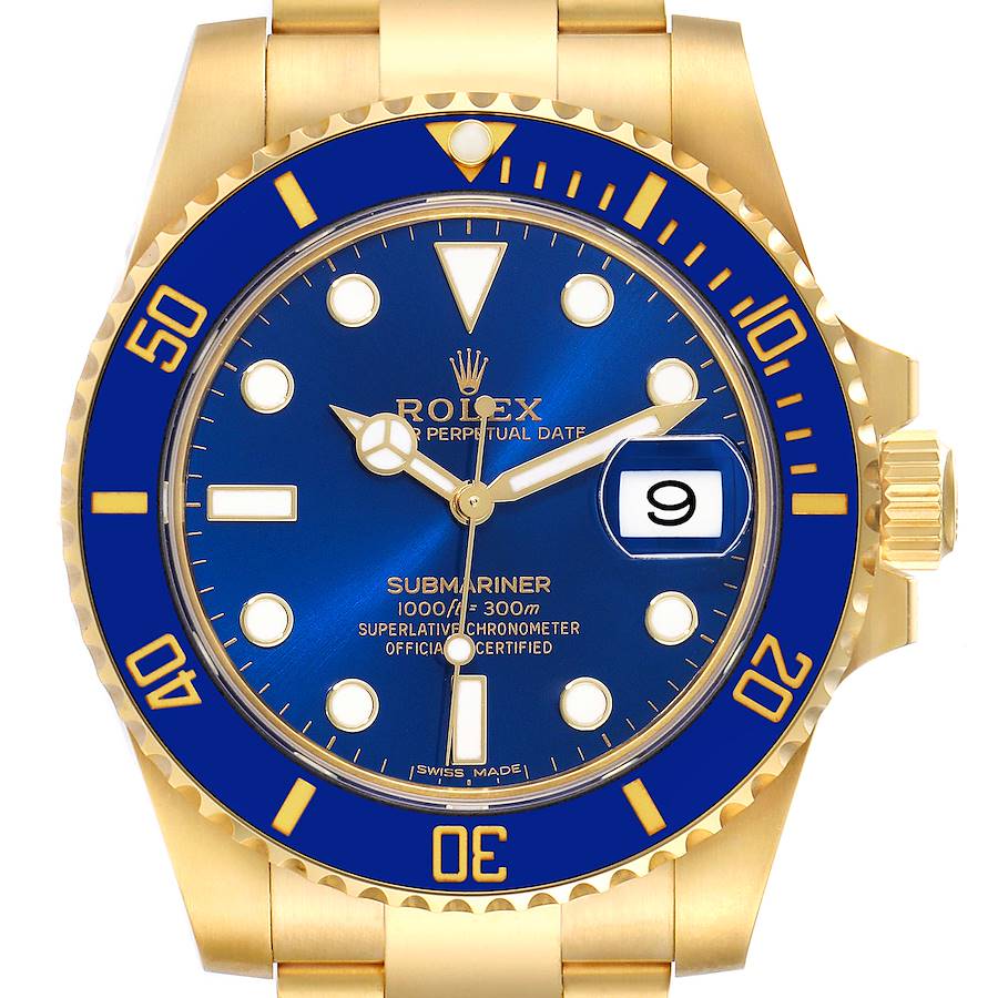 Rolex Submariner Yellow Gold Blue Bezel Mens Watch 116618 Box Card | SwissWatchExpo