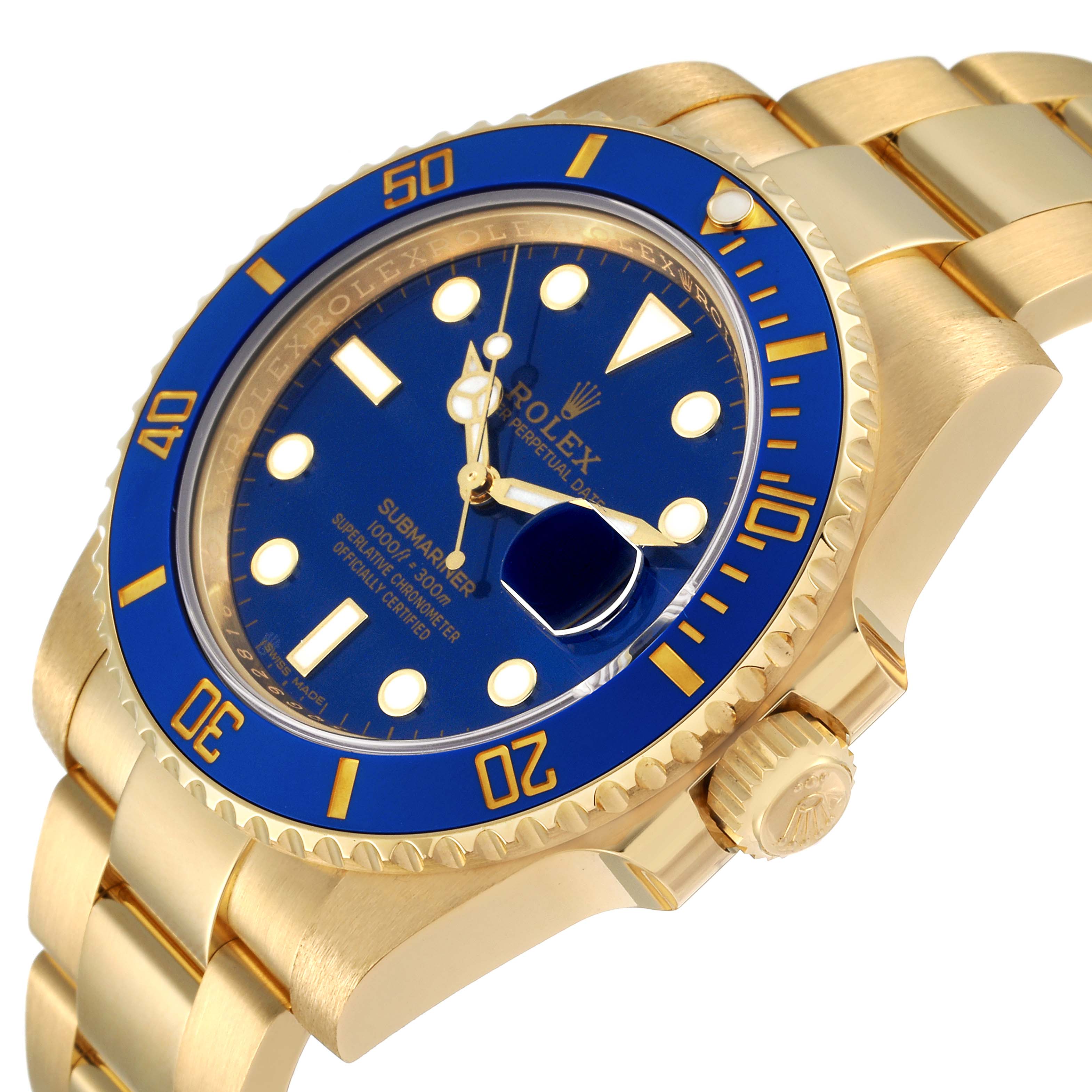 The image shows a side-angle view of the Rolex Submariner 116618 Men's Yellow Gold Blue Dial 116618 Men's Yellow Gold Blue Dial, highlighting its blue dial, bezel, and gold bracelet.