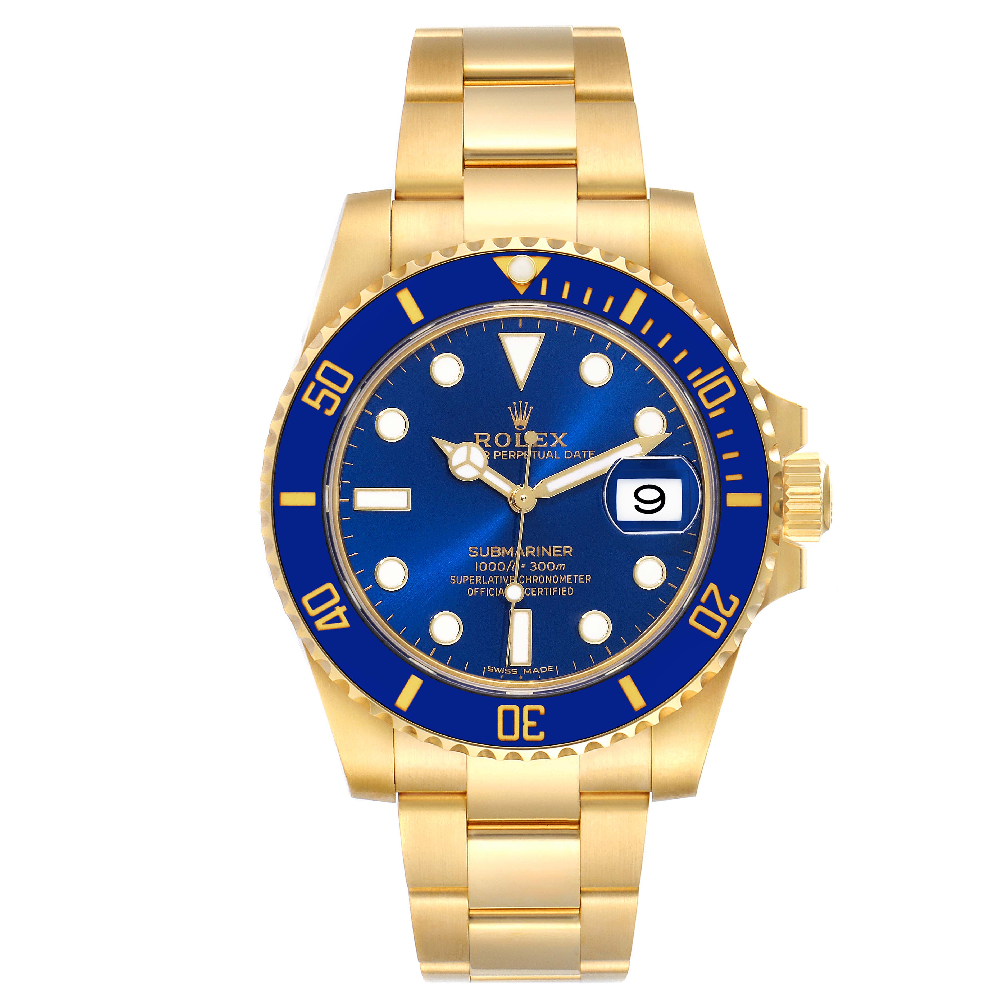 This image shows a front view of a Rolex Submariner 116618 Men's Yellow Gold Blue Dial 116618 Men's Yellow Gold Blue Dial watch, highlighting its blue dial, bezel, and gold bracelet.