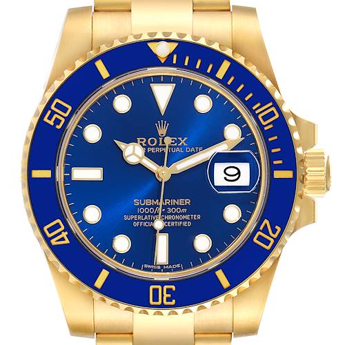 Photo of Rolex Submariner Yellow Gold Blue Dial Ceramic Bezel Mens Watch 116618 Box Card