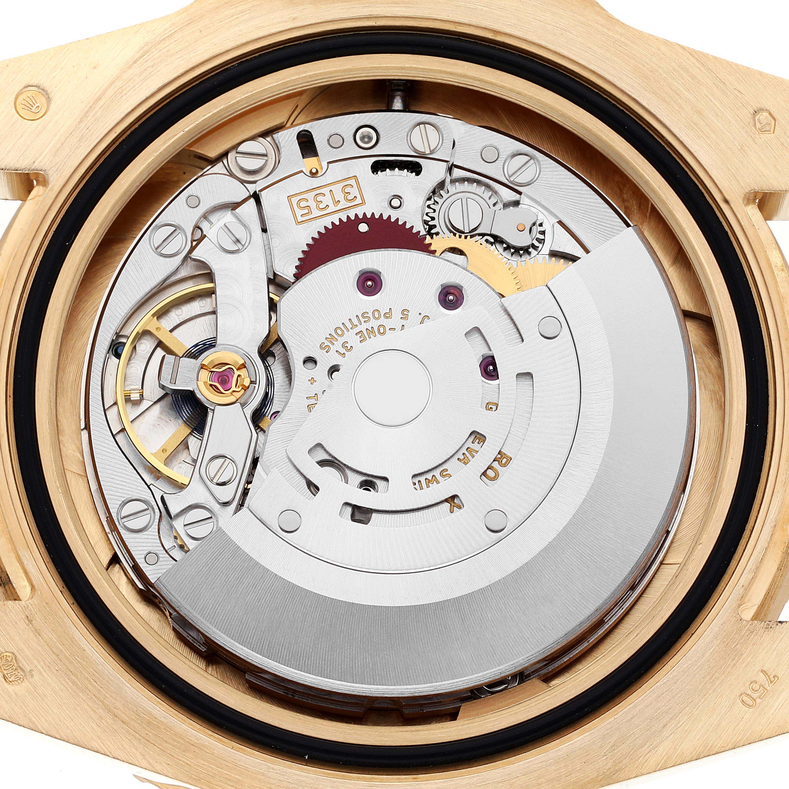 This image shows the intricate internal mechanism of a Rolex Submariner 116618 Men's Yellow Gold Blue Dial 116618 Men's Yellow Gold Blue Dial watch, viewed from the back.