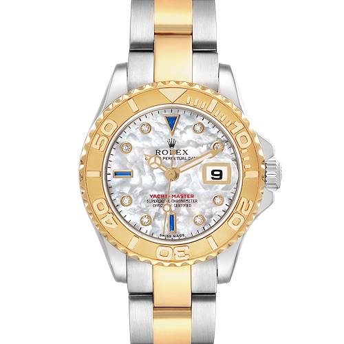 Photo of Rolex Yachtmaster 29 18K Yellow Gold Steel MOP Sapphire Ladies Watch 169623 Card