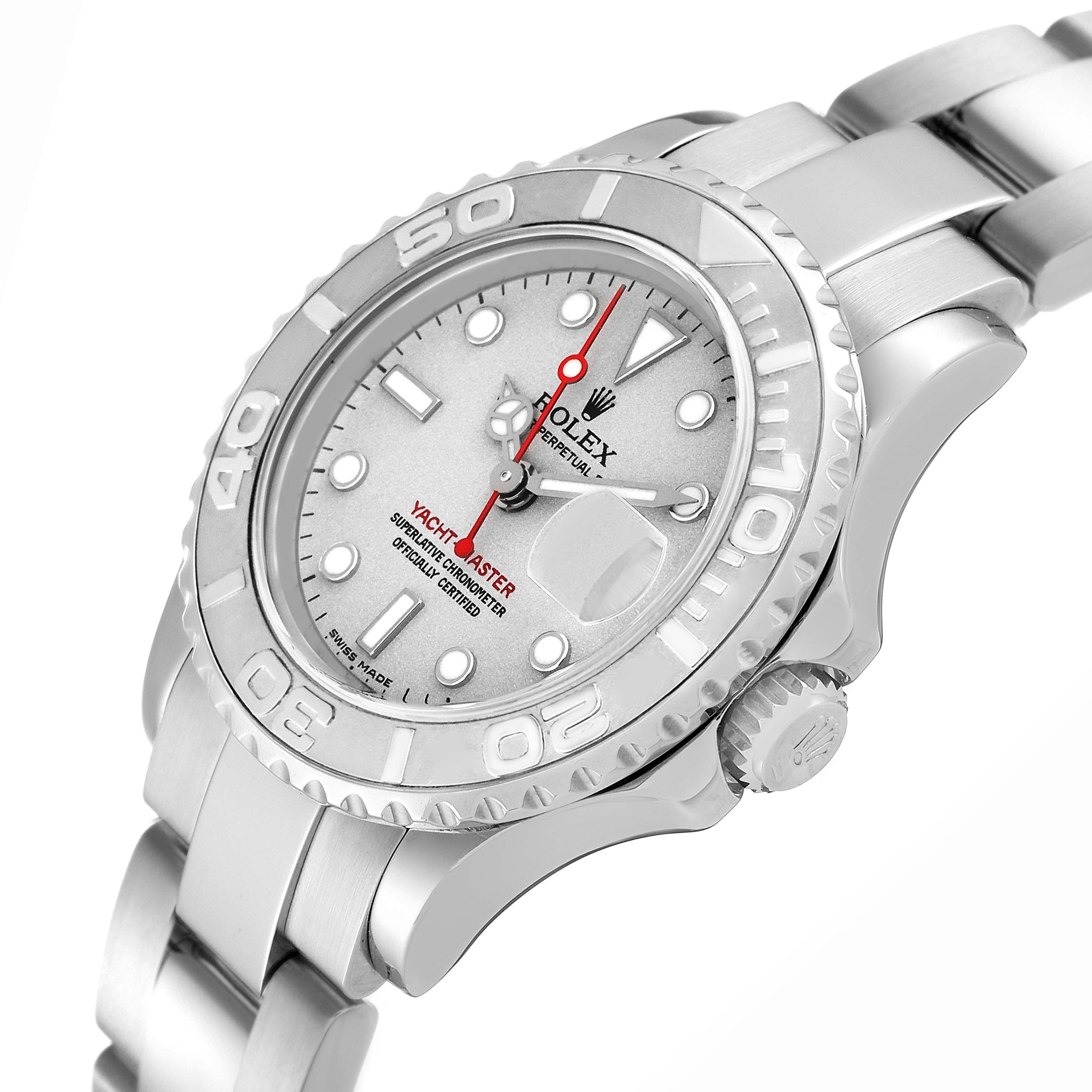 The Rolex Yacht-Master 169622 Women's Stainless Steel Silver Dial 169622 Women's Stainless Steel Silver Dial watch is shown at a three-quarter angle displaying the dial, bezel, crown, and part of the bracelet.