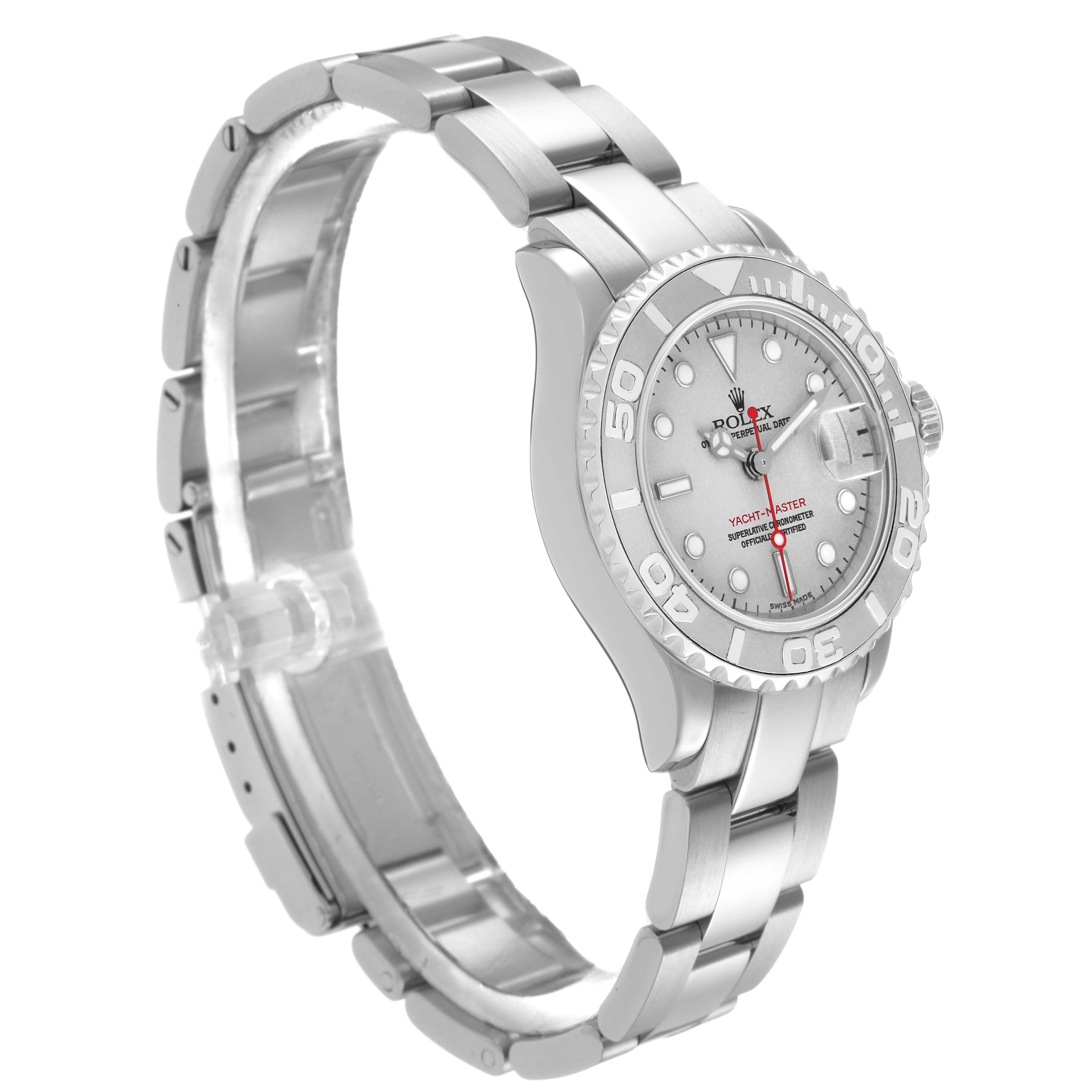 The Rolex Yacht-Master 169622 Women's Stainless Steel Silver Dial 169622 Women's Stainless Steel Silver Dial watch is shown in a side angle, displaying the bracelet, case, bezel, and dial.