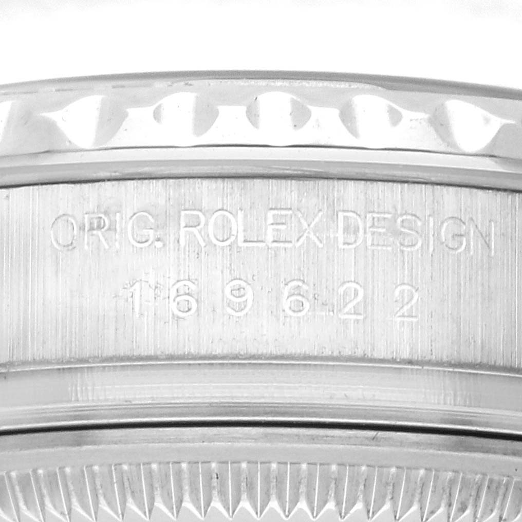 The image shows a close-up side view of a Rolex Yacht-Master 169622 Women's Stainless Steel Silver Dial 169622 Women's Stainless Steel Silver Dial model's watch case with the model number engraved.