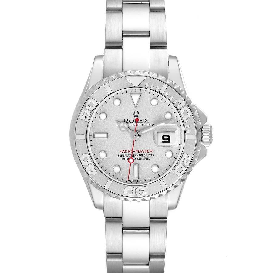 The Rolex Yacht-Master watch is shown from a front-facing angle, displaying the dial, bezel, bracelet, and crown.