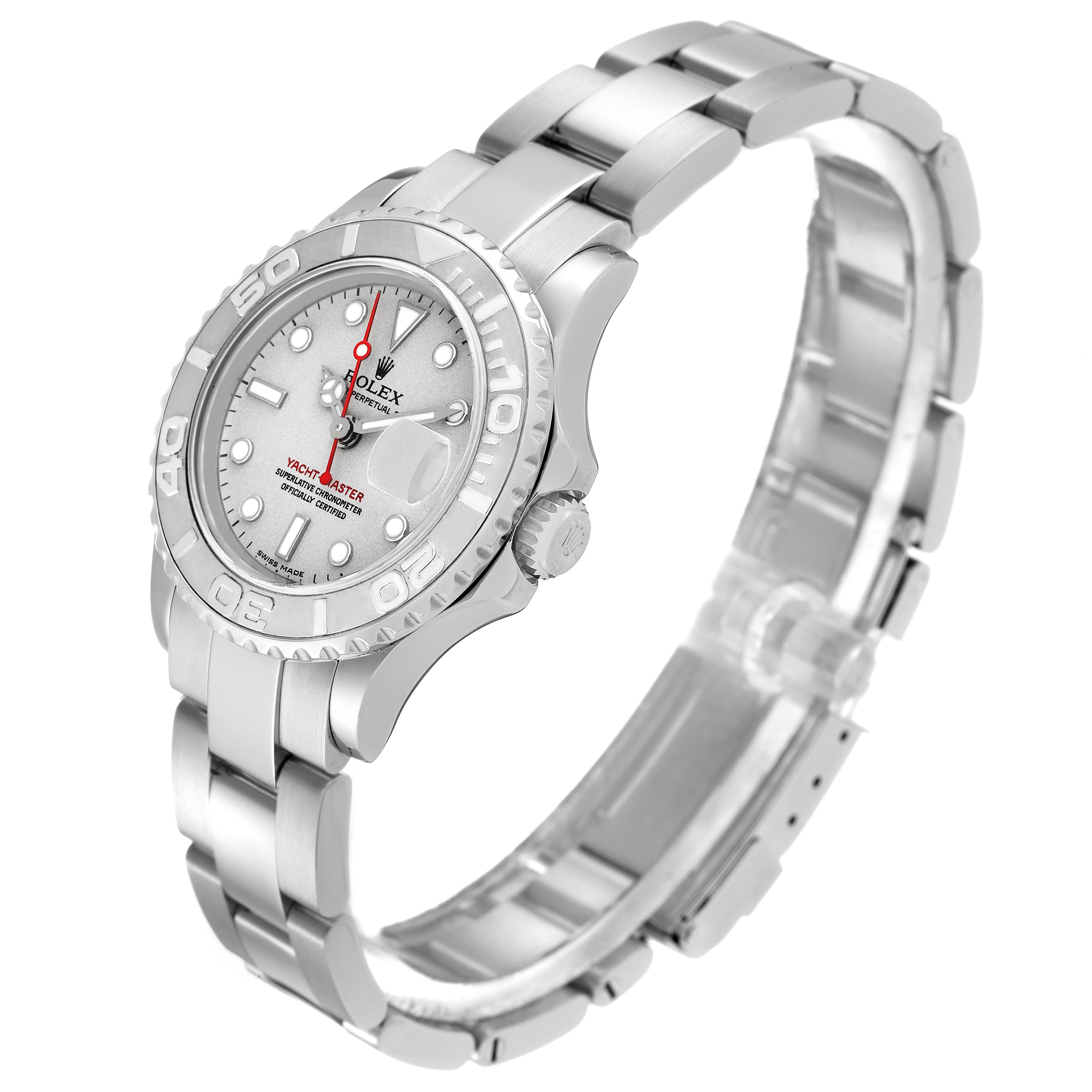 The Rolex Yacht-Master 169622 Women's Stainless Steel Silver Dial 169622 Women's Stainless Steel Silver Dial watch is shown from a three-quarter angle, highlighting the face, bezel, and bracelet links.
