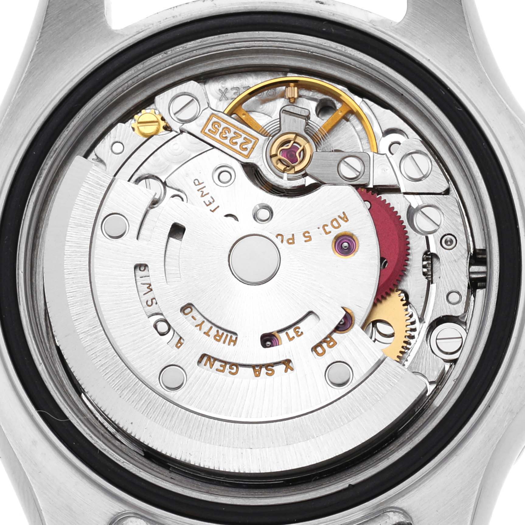 The image shows the back view of the Rolex Yacht-Master 169622 Women's Stainless Steel Silver Dial 169622 Women's Stainless Steel Silver Dial, revealing its intricate movement and components.