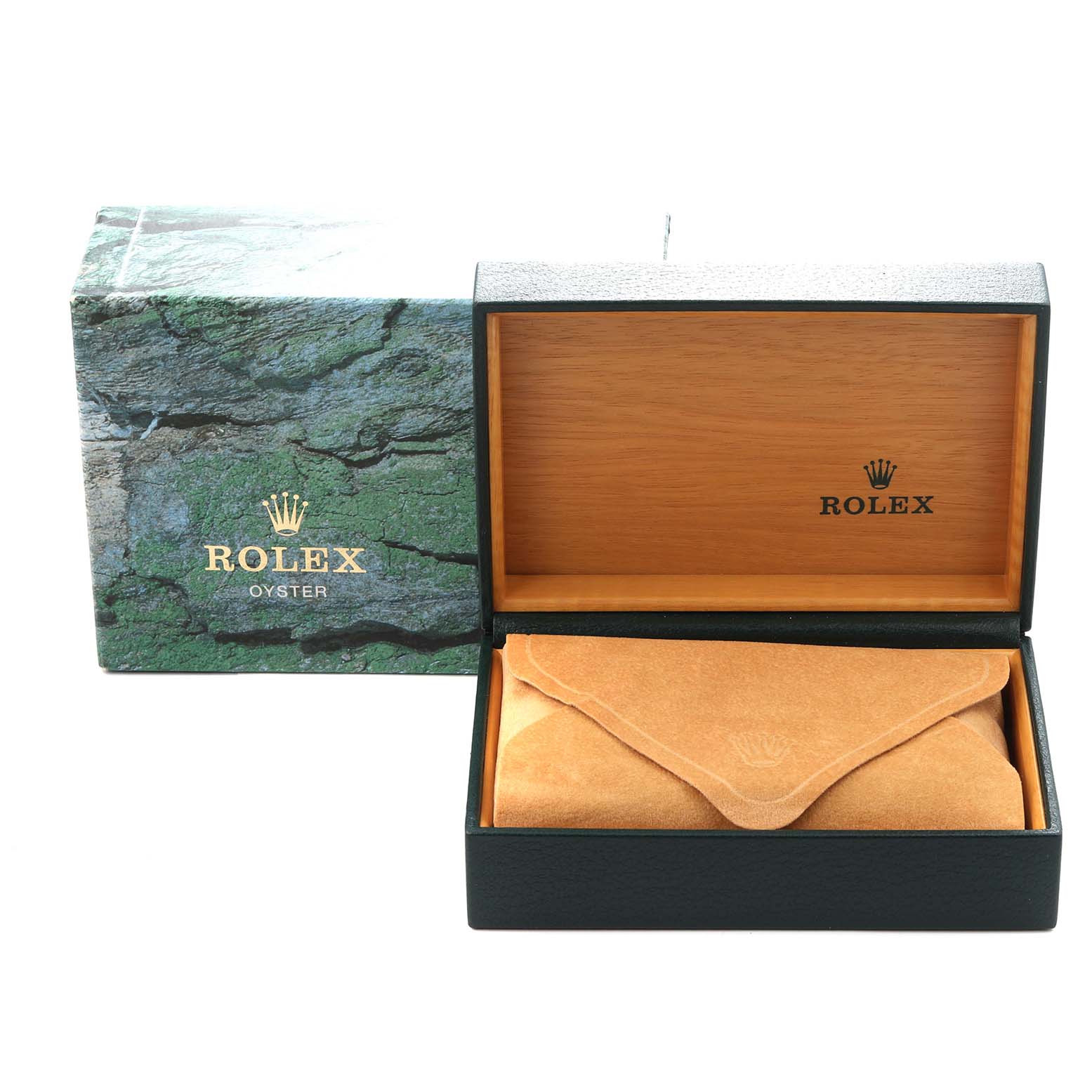 The image shows a Rolex Yacht-Master 169622 Women's Stainless Steel Silver Dial 169622 Women's Stainless Steel Silver Dial watch box, including the outer sleeve, inner box, and a suede pouch.
