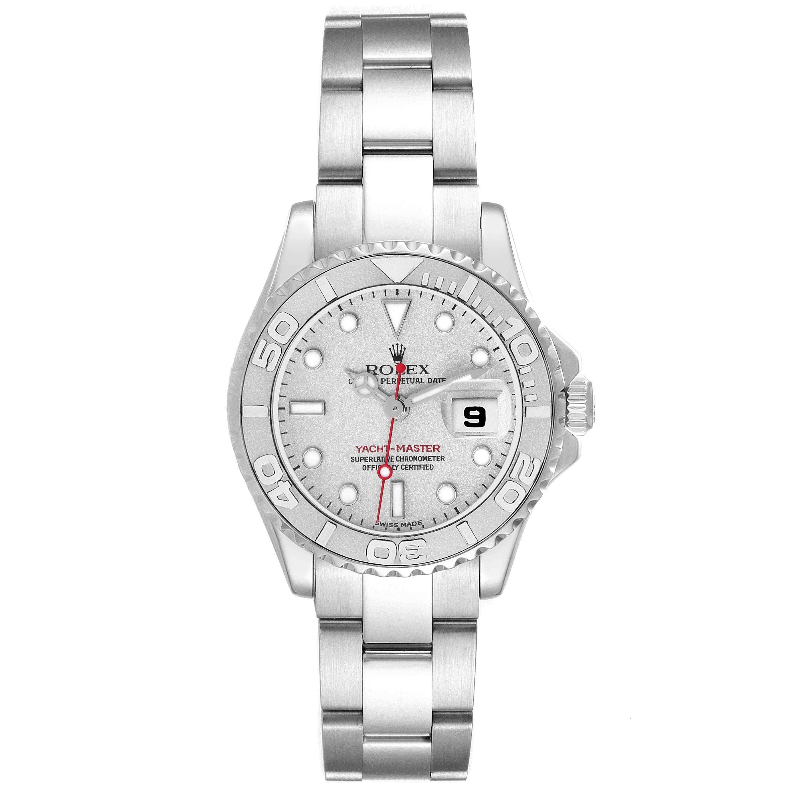 The Rolex Yacht-Master 169622 Women's Stainless Steel Silver Dial 169622 Women's Stainless Steel Silver Dial watch is shown from a top view, displaying its face, bezel, case, and bracelet.