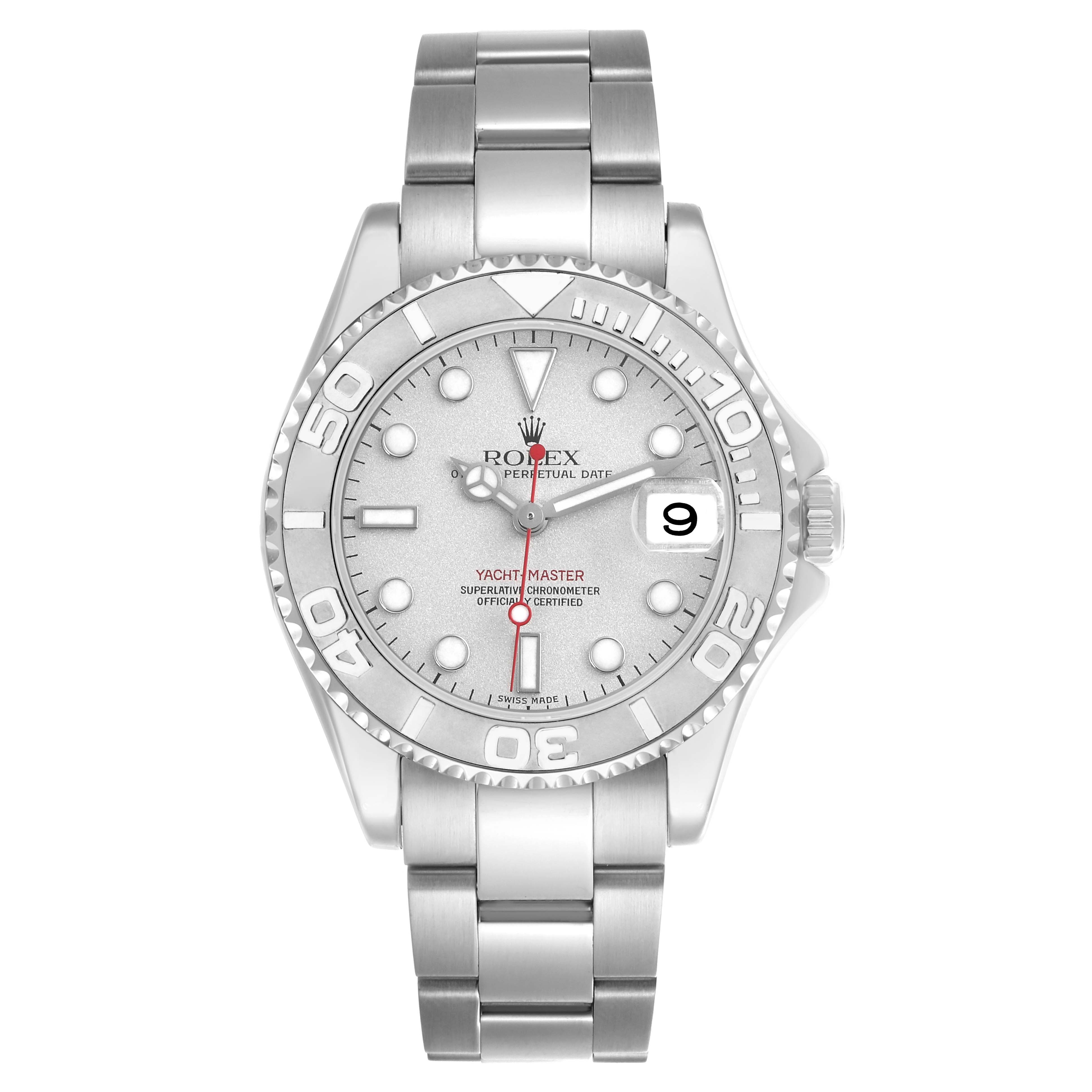 The Rolex Yacht-Master 168622 Men's Stainless Steel Silver Dial 168622 Men's Stainless Steel Silver Dial watch is shown from a front angle, displaying the dial, bezel, and bracelet.