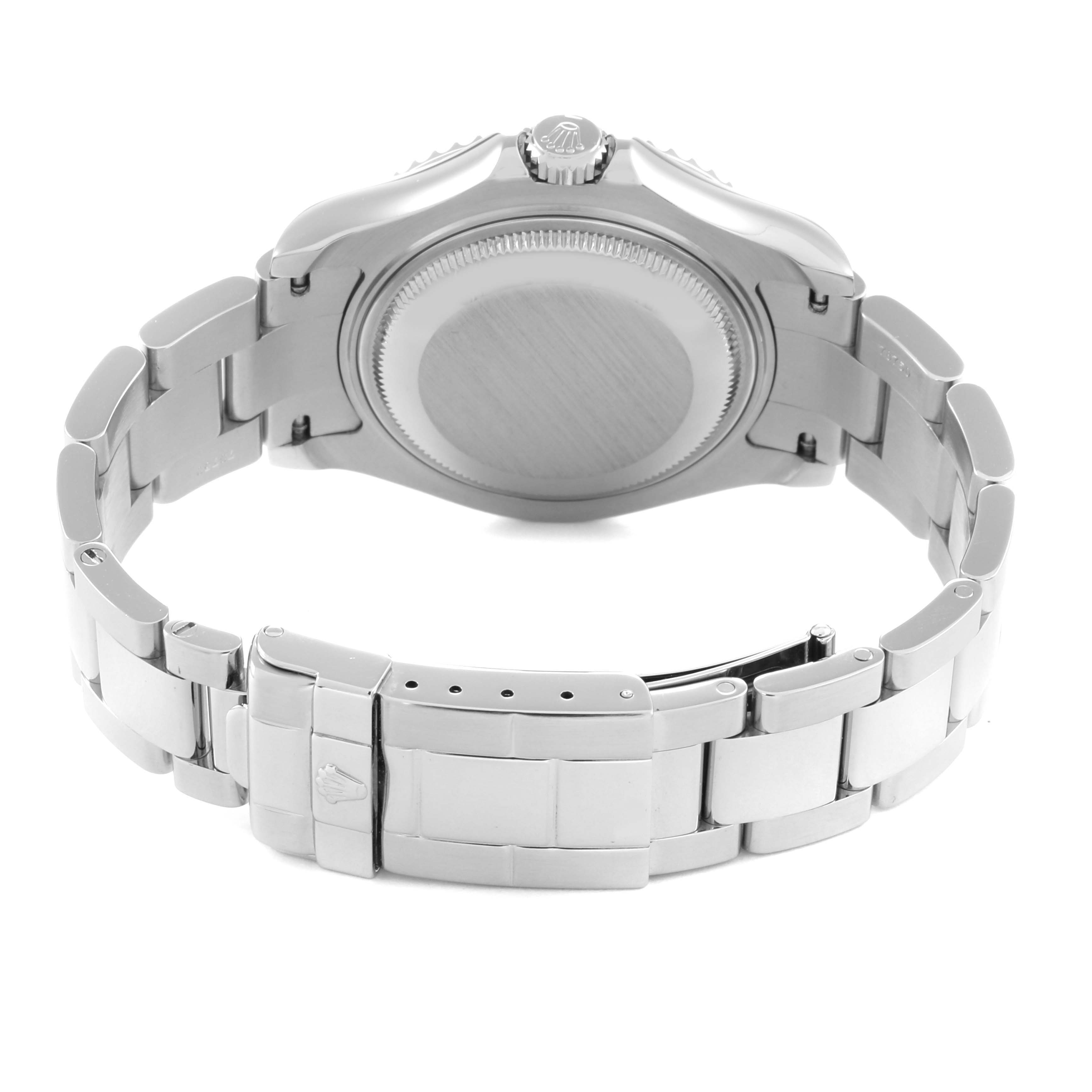 The image shows the back view of a Rolex Yacht-Master 168622 Men's Stainless Steel Silver Dial 168622 Men's Stainless Steel Silver Dial watch, highlighting the case back and the bracelet with its clasp.