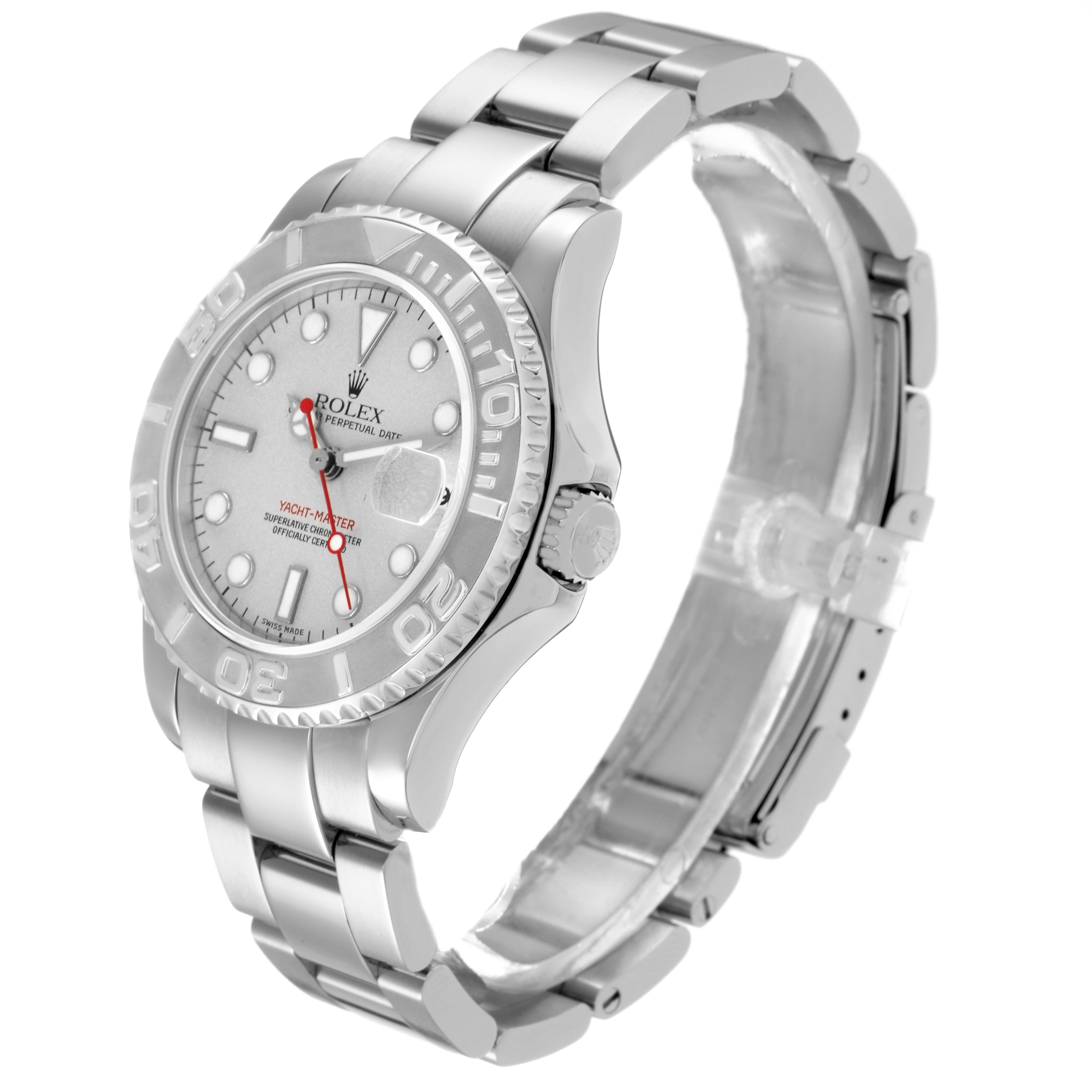 The Rolex Yacht-Master 168622 Men's Stainless Steel Silver Dial 168622 Men's Stainless Steel Silver Dial watch is shown from a three-quarter angle, highlighting the face, bezel, crown, and bracelet.