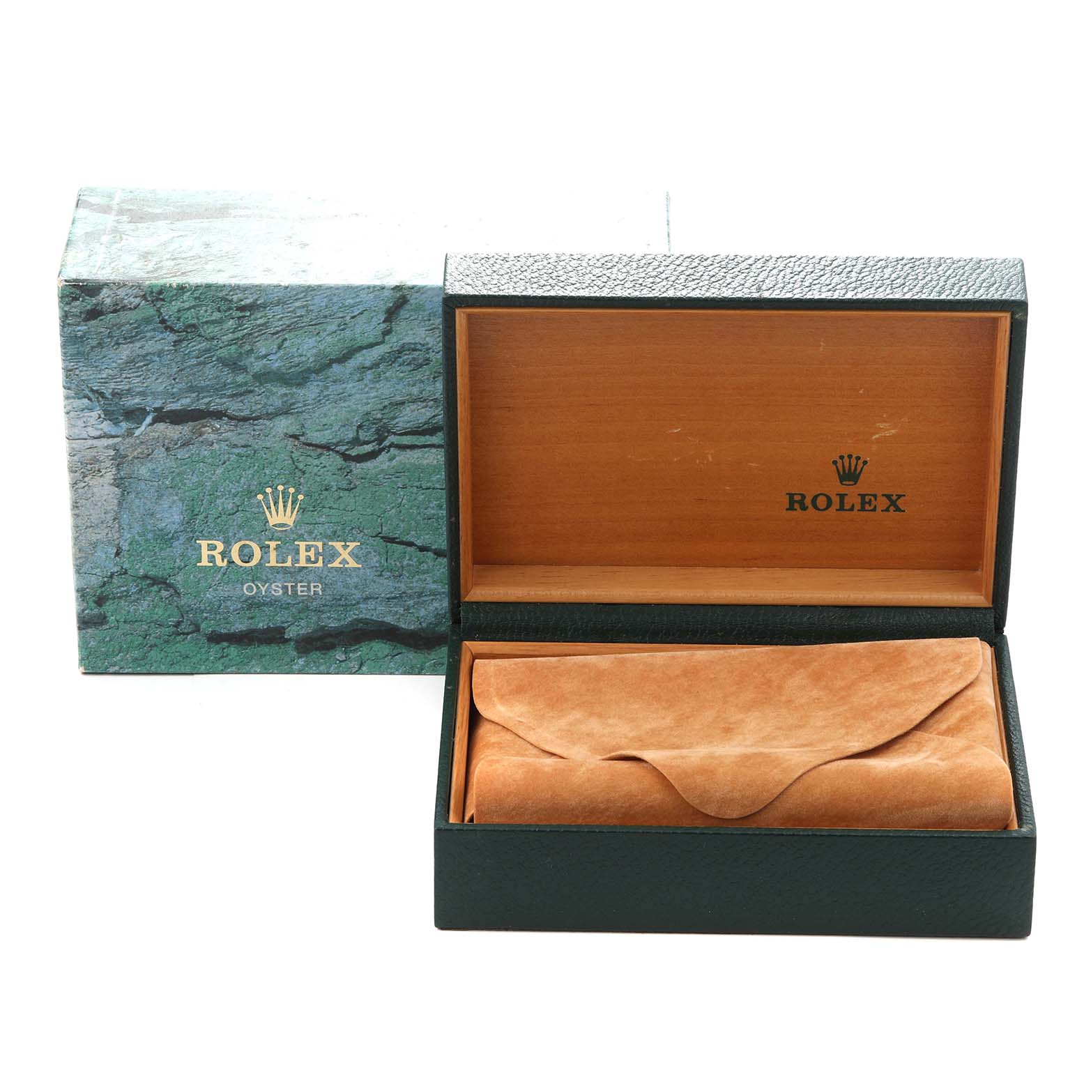 The image shows a Rolex Yacht-Master 168622 Men's Stainless Steel Silver Dial 168622 Men's Stainless Steel Silver Dial watch box and a suede pouch, viewed from the front.