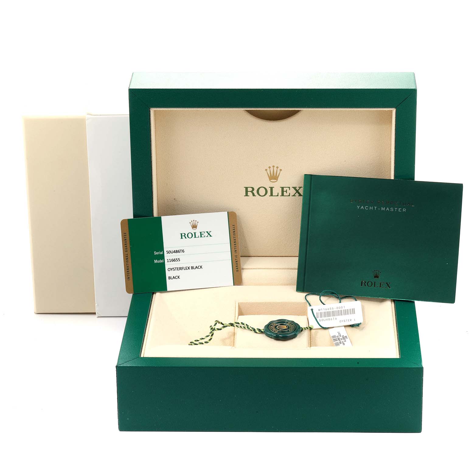 The image shows a Rolex Yacht-Master 116655  Men's Rose Gold Black Dial 116655  Men's Rose Gold Black Dial watch box, warranty card, booklet, and tags.