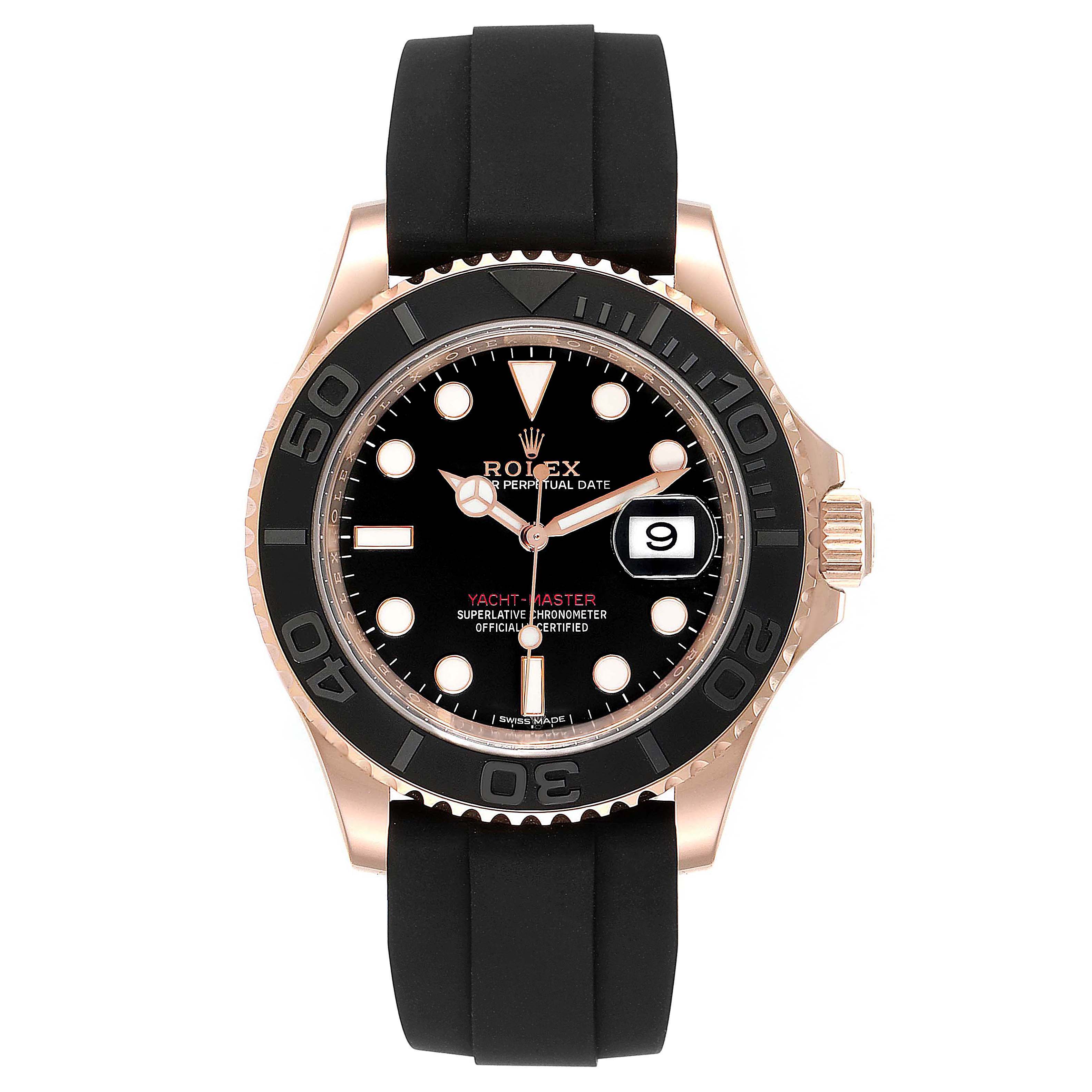 The Rolex Yacht-Master 116655  Men's Rose Gold Black Dial 116655  Men's Rose Gold Black Dial watch is shown from a front angle, displaying the dial, bezel, and strap.
