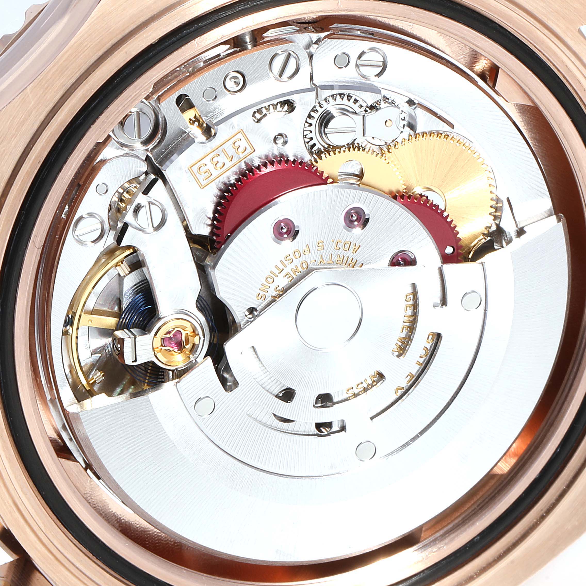 This image shows the internal mechanical movement of the Rolex Yacht-Master 116655  Men's Rose Gold Black Dial 116655  Men's Rose Gold Black Dial watch, viewed from the back.