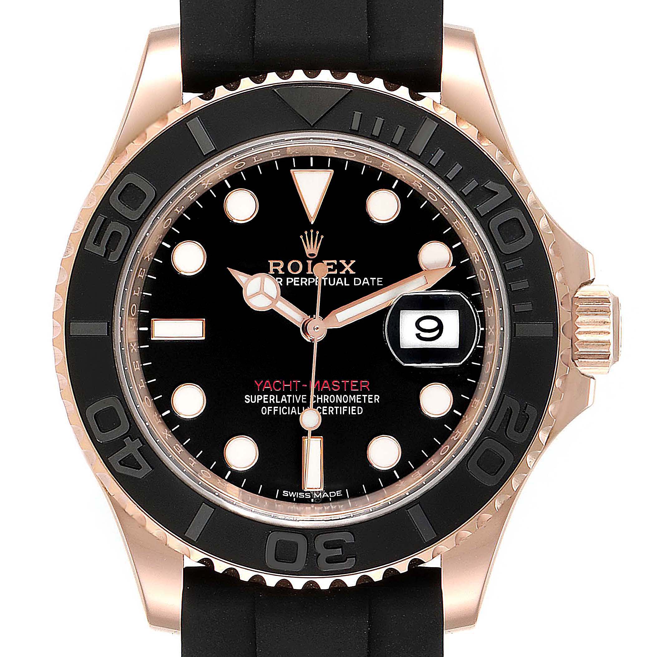 This image shows a front view of the Rolex Yacht-Master 116655  Men's Rose Gold Black Dial 116655  Men's Rose Gold Black Dial watch, highlighting its face, bezel, hands, and date display.