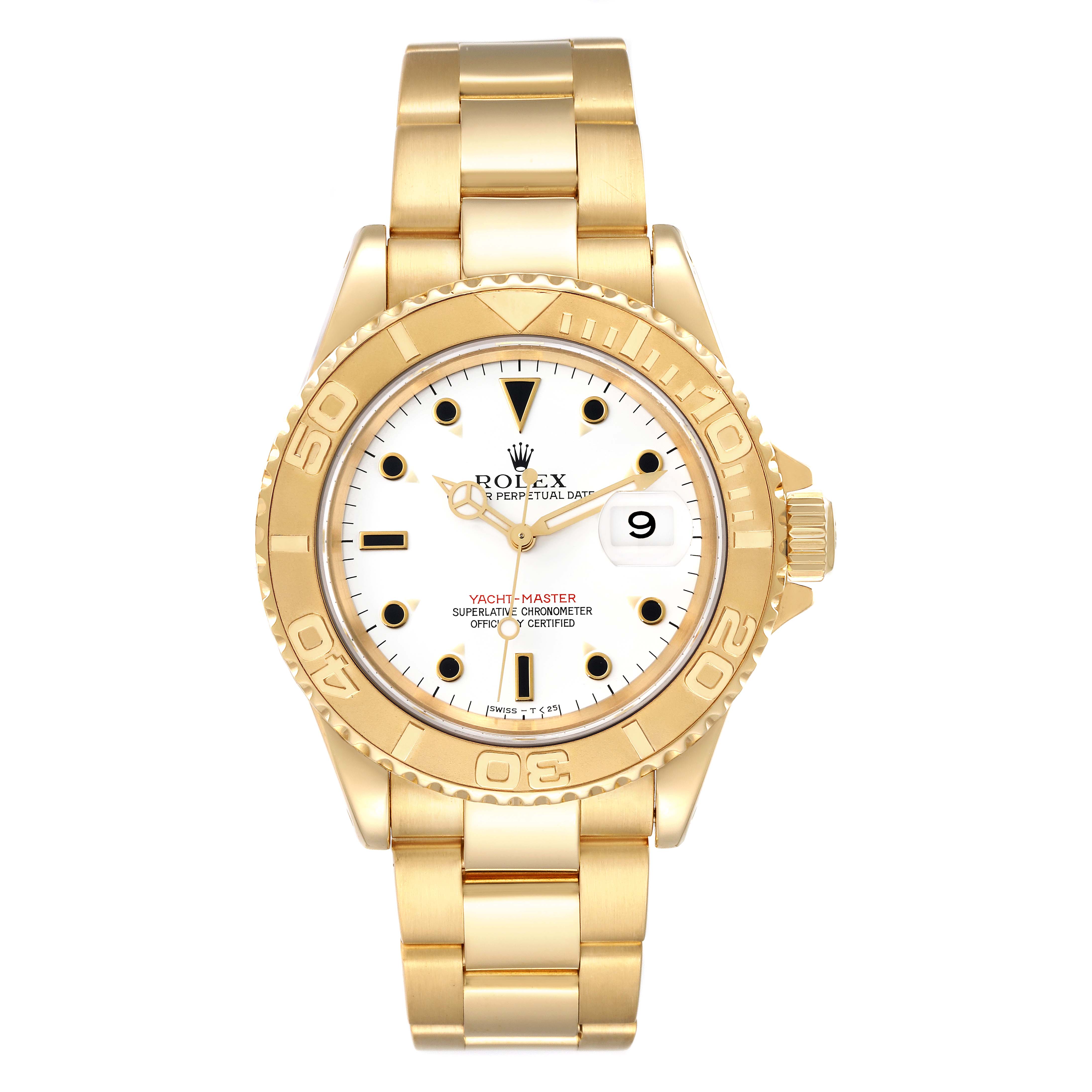 This Rolex Yacht-Master 16628 Men's Yellow Gold White Dial 16628 Men's Yellow Gold White Dial watch is shown from a front view, displaying the face, bezel, bracelet, and crown.