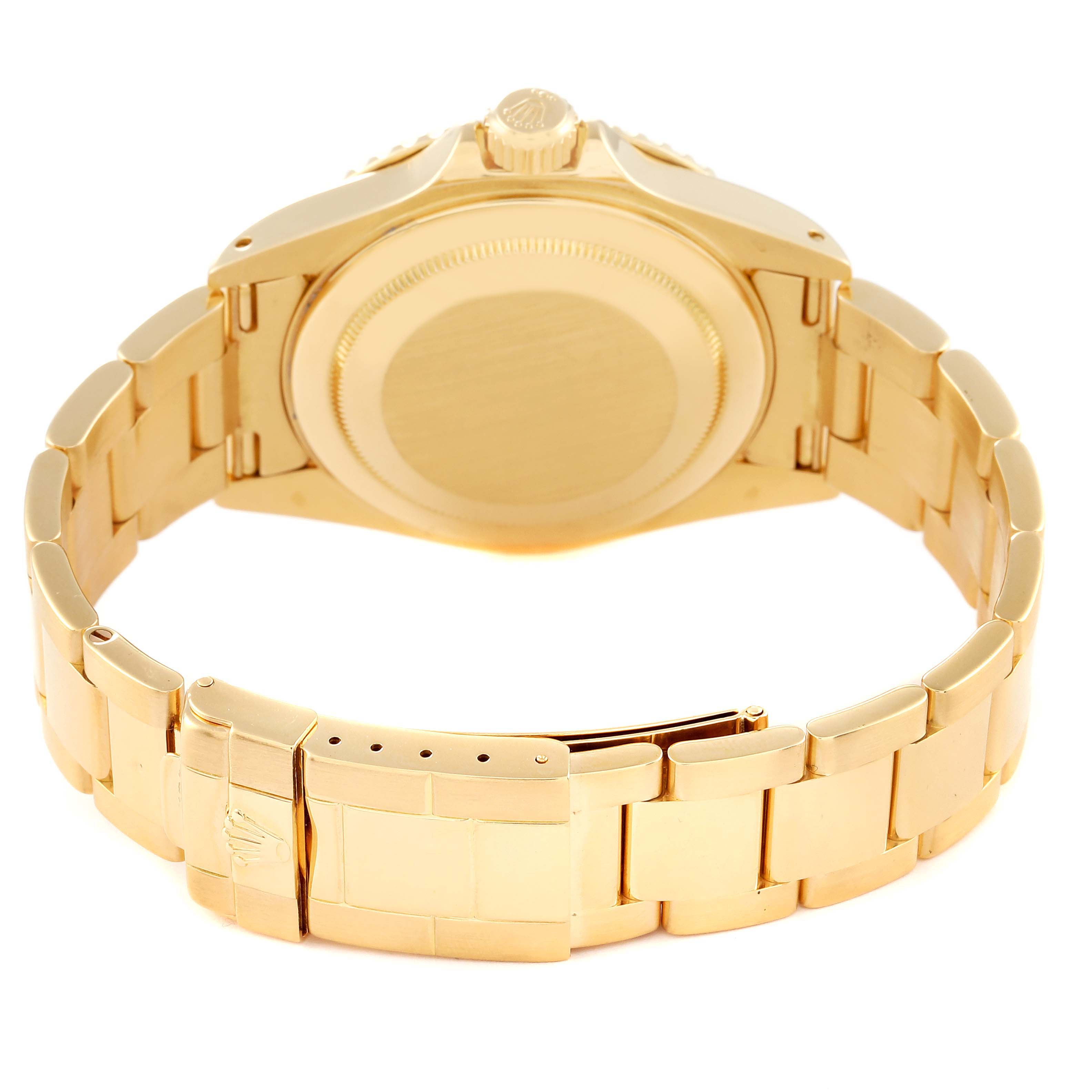 This image shows the back case and bracelet of a Rolex Yacht-Master 16628 Men's Yellow Gold White Dial 16628 Men's Yellow Gold White Dial watch from a rear angle.