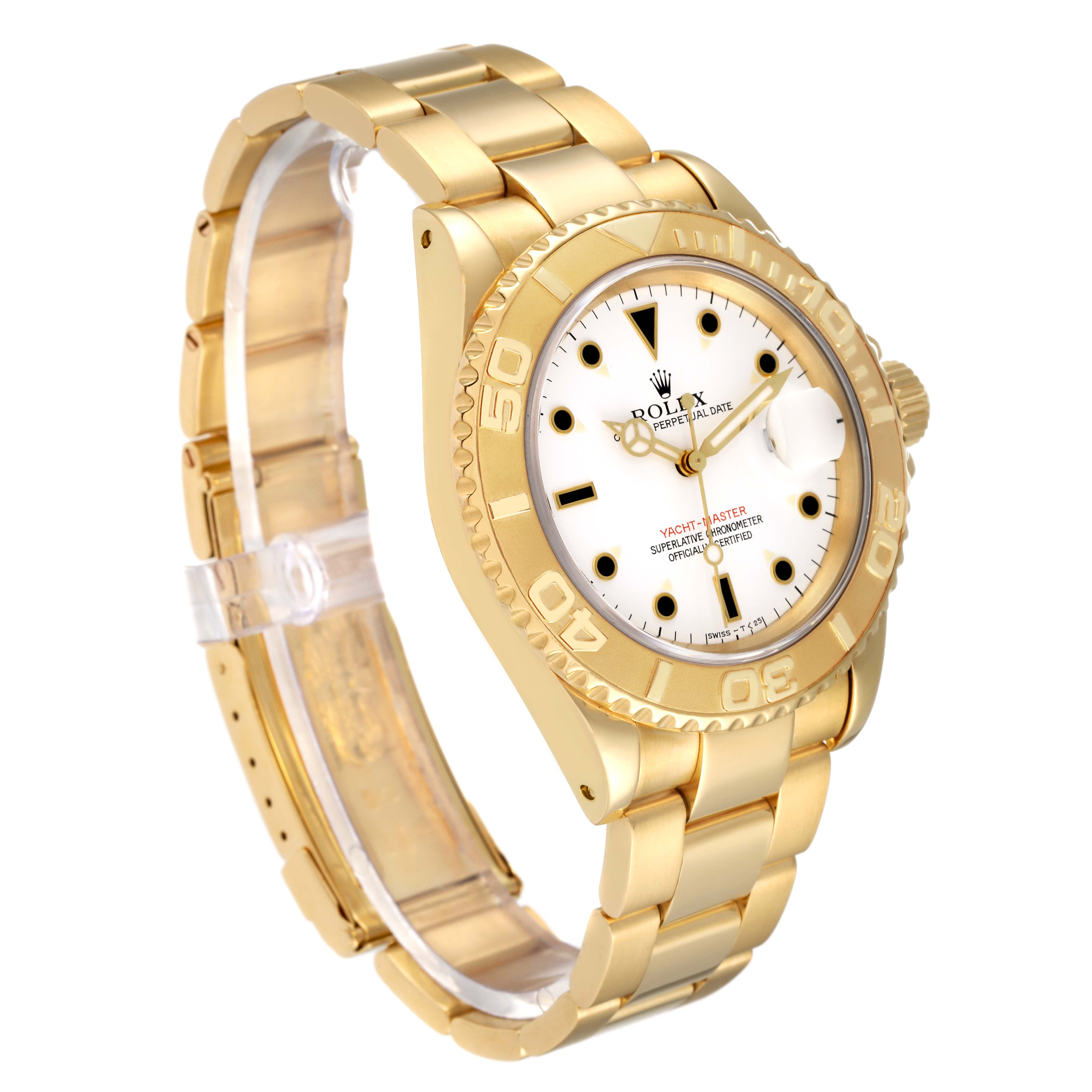 The Rolex Yacht-Master 16628 Men's Yellow Gold White Dial 16628 Men's Yellow Gold White Dial watch is shown at an angled side view, highlighting its gold bracelet, bezel, and white dial.
