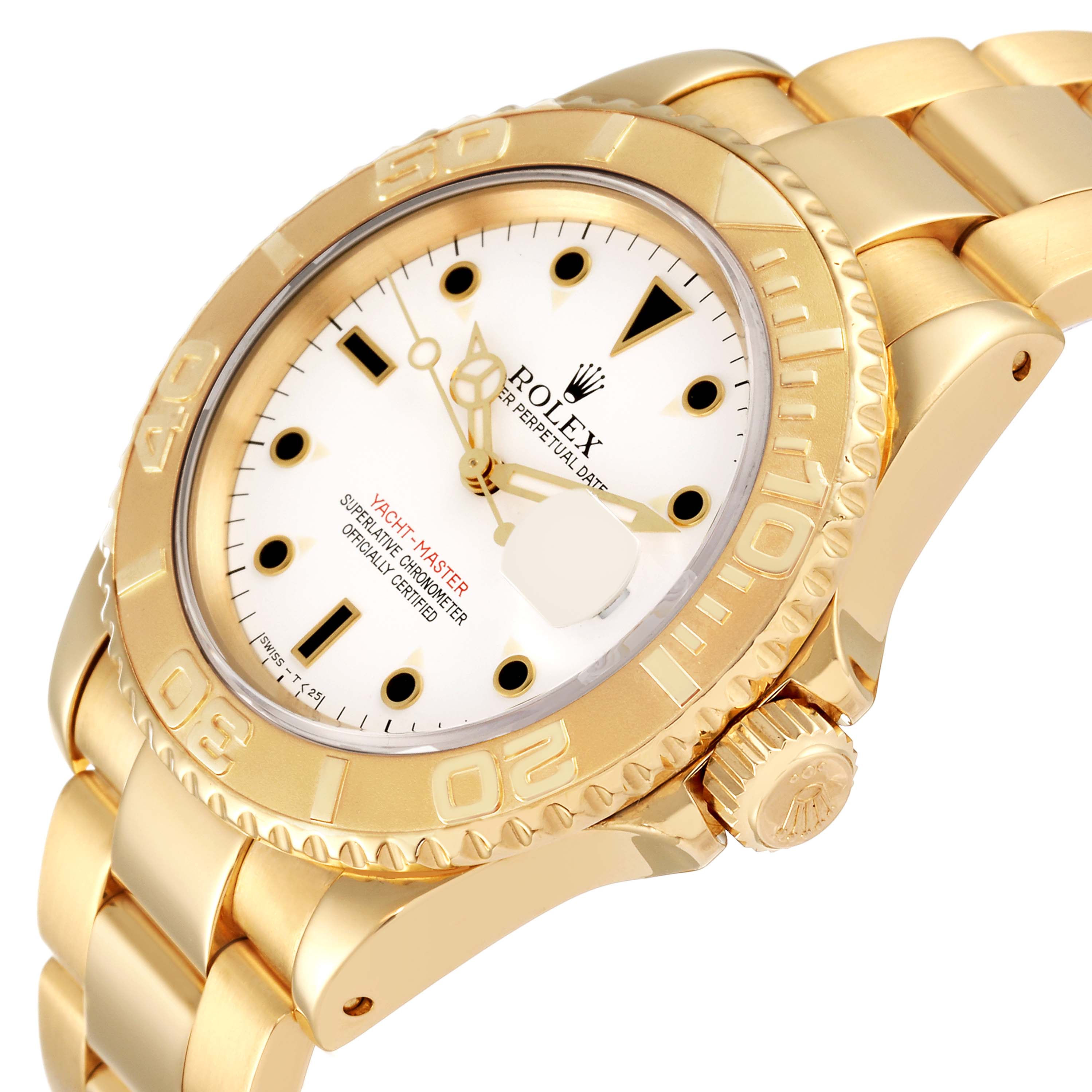 This image shows a side angle of a Rolex Yacht-Master 16628 Men's Yellow Gold White Dial 16628 Men's Yellow Gold White Dial watch, highlighting its gold case, dial, bezel, and bracelet.