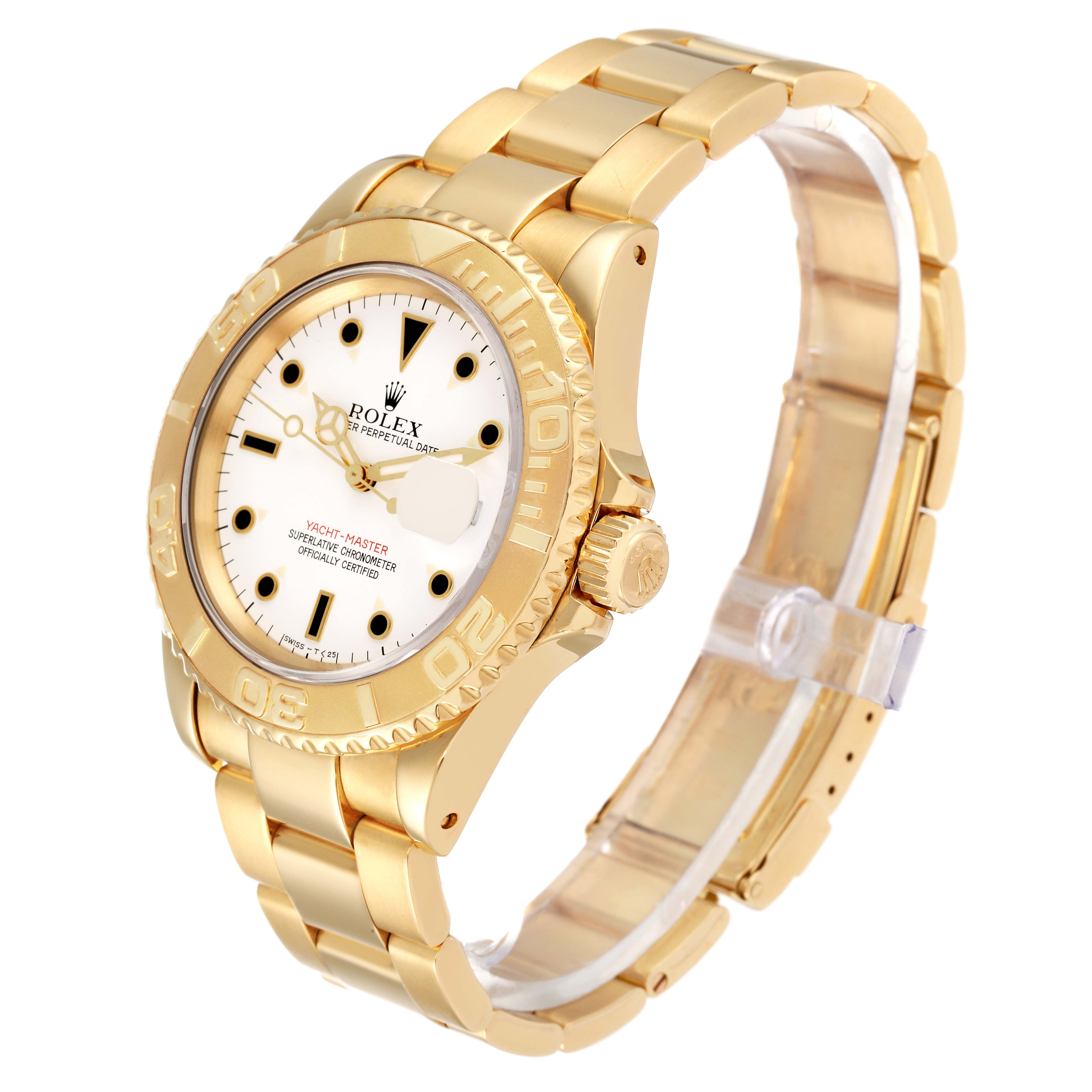 The Rolex Yacht-Master 16628 Men's Yellow Gold White Dial 16628 Men's Yellow Gold White Dial watch is shown at a slight angle, displaying the face, bezel, crown, and bracelet.