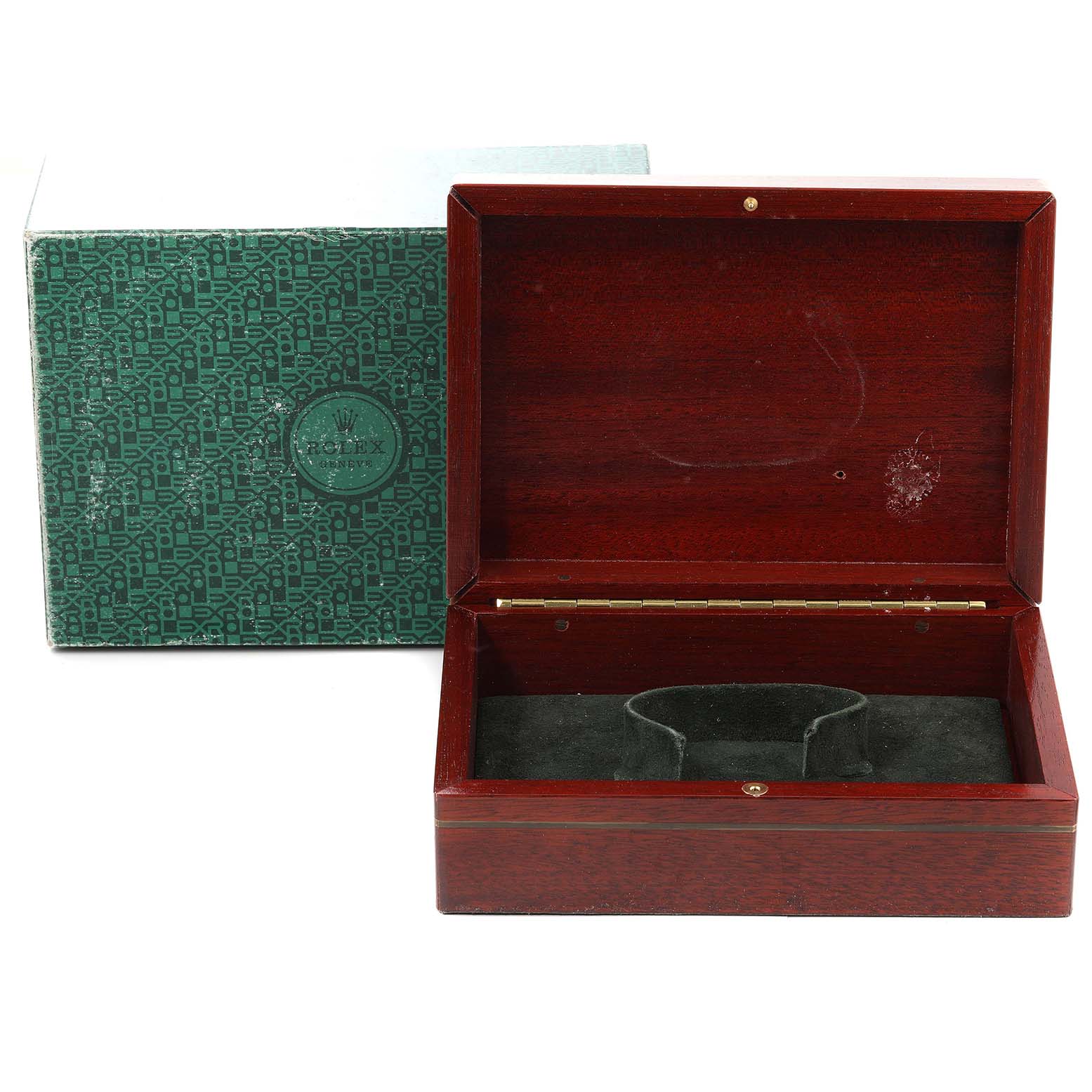 This image shows an open wooden box for the Rolex Yacht-Master 16628 Men's Yellow Gold White Dial 16628 Men's Yellow Gold White Dial model with its green cardboard outer box.