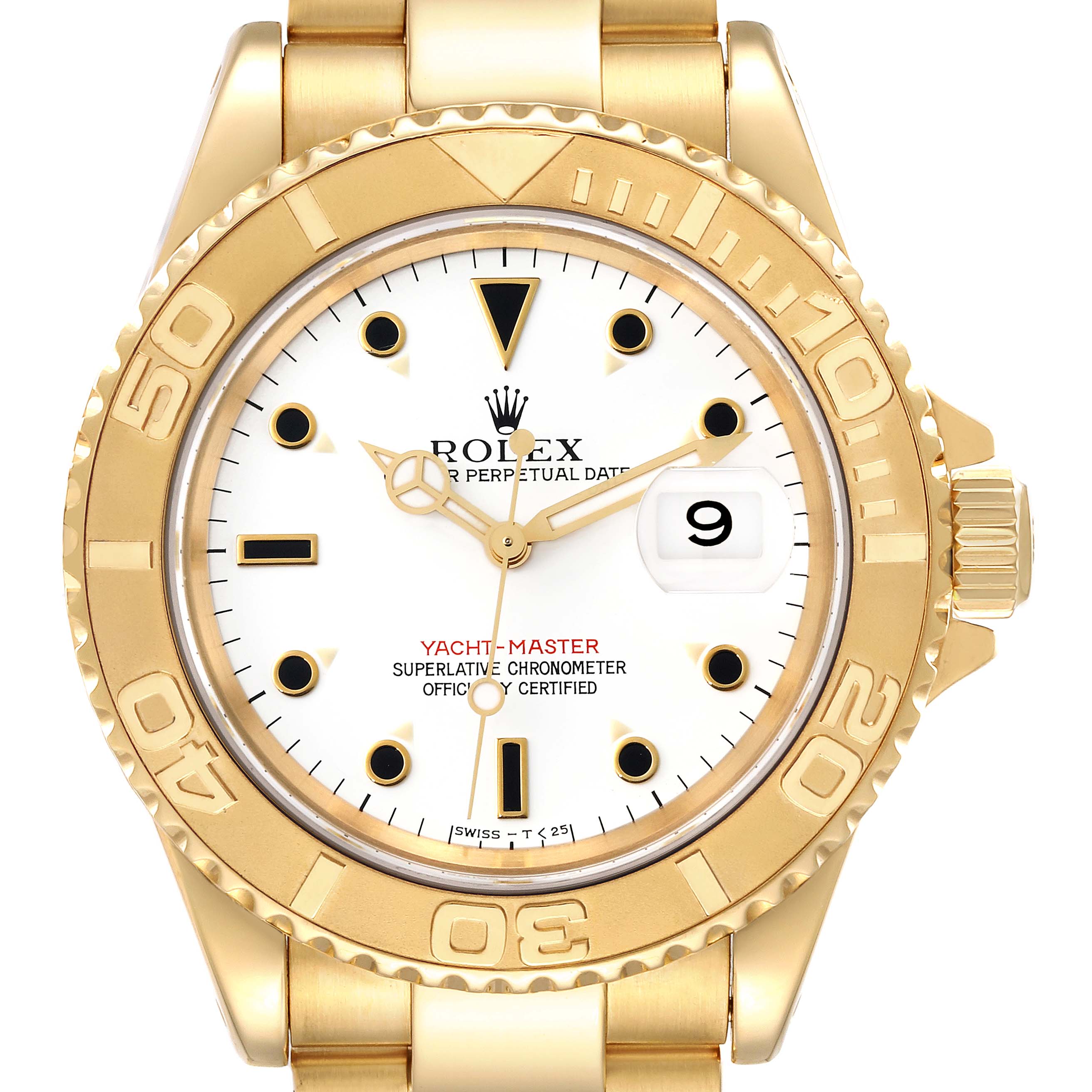 The image shows a front view of a Rolex Yacht-Master 16628 Men's Yellow Gold White Dial 16628 Men's Yellow Gold White Dial watch, highlighting the bezel, dial, hands, date, and signature crown logo.