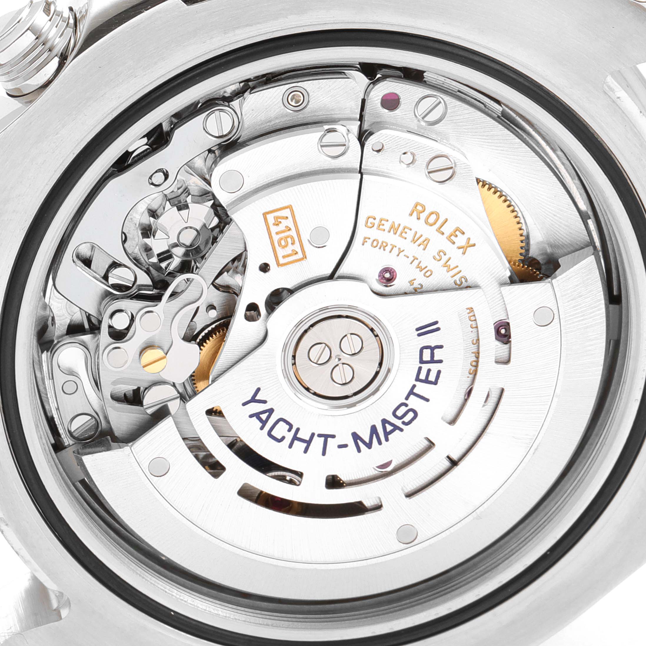The image shows the internal movement mechanism of the Rolex Yacht-Master 116680 Men
s Stainless Steel White Dial 116680 Men
s Stainless Steel White Dial model watch from a backside angle.