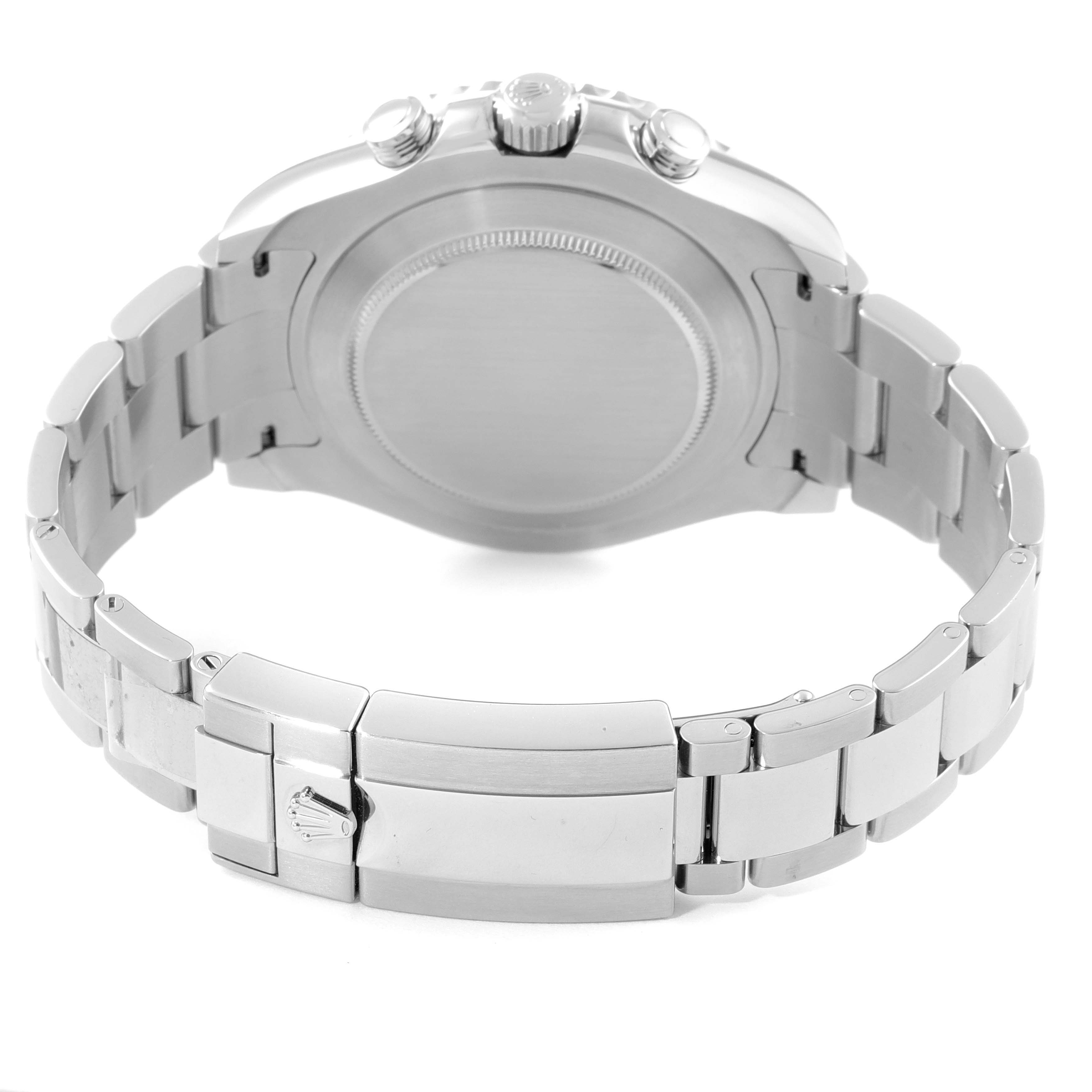 This image shows the backside and clasp of a Rolex Yacht-Master 116680 Men
s Stainless Steel White Dial 116680 Men
s Stainless Steel White Dial watch from a rear angle.