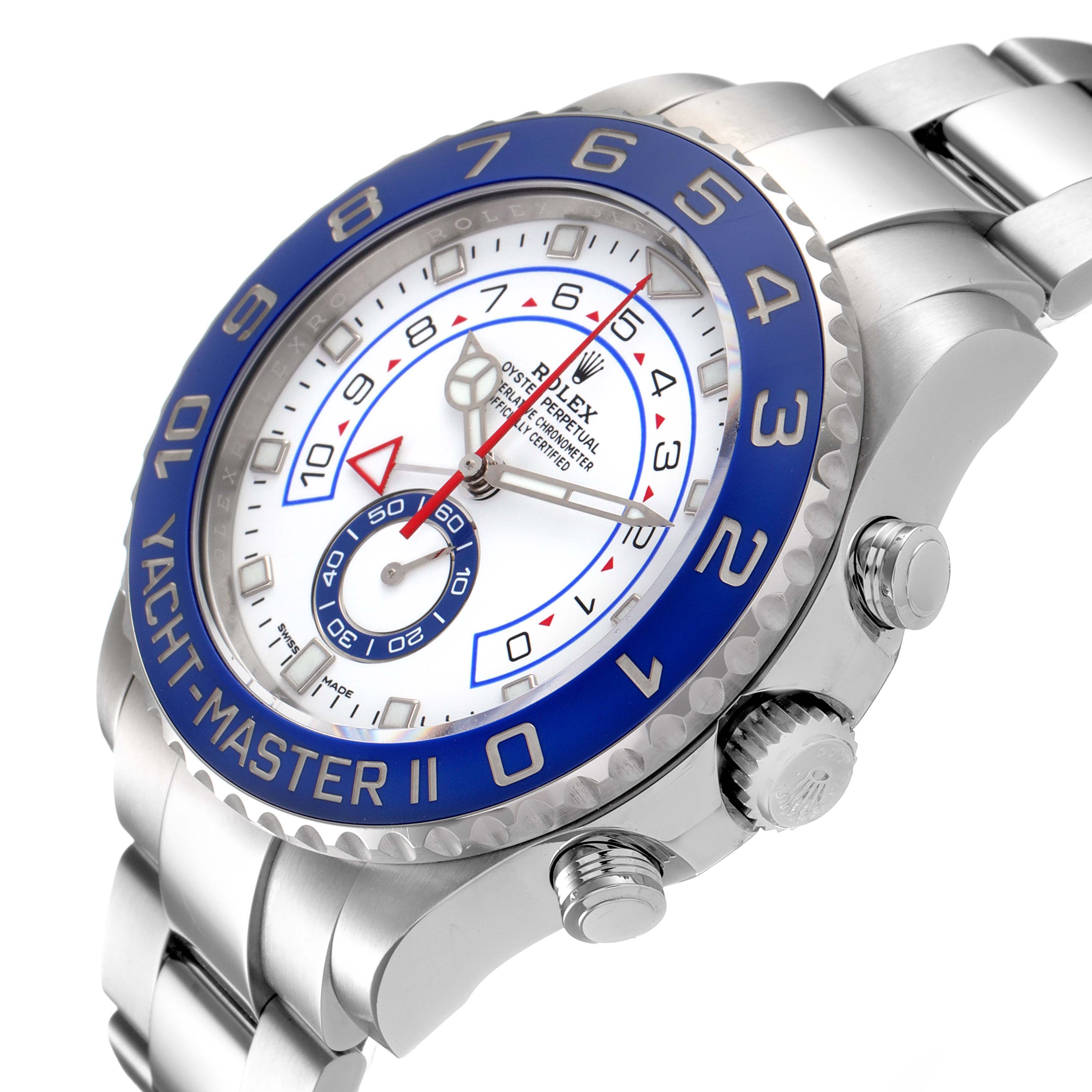 The image shows a Rolex Yacht-Master 116680 Men
s Stainless Steel White Dial 116680 Men
s Stainless Steel White Dial II model watch from a three-quarter angle, highlighting the dial, bezel, and crown.