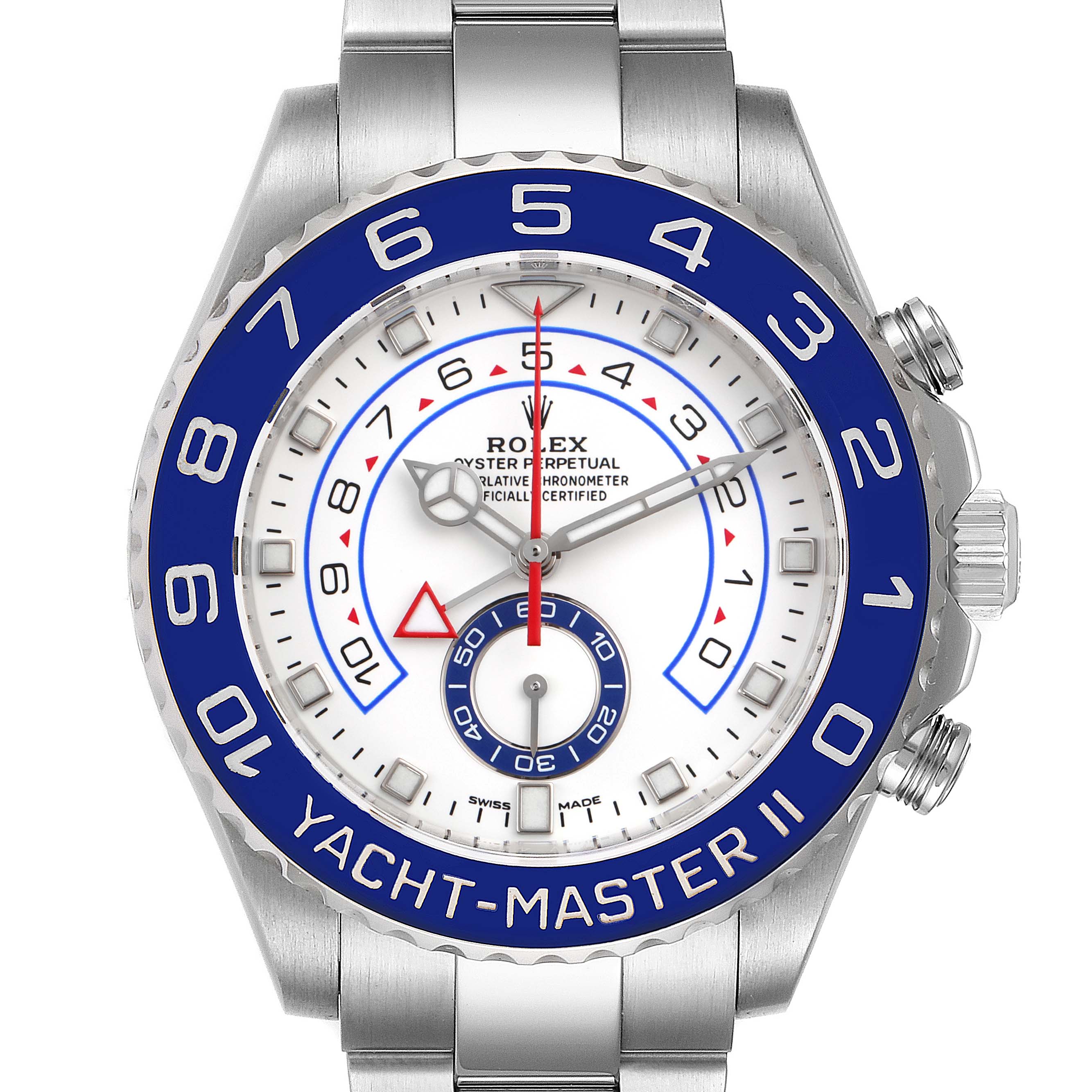 The image shows a frontal view of the Rolex Yacht-Master 116680 Men
s Stainless Steel White Dial 116680 Men
s Stainless Steel White Dial II watch, highlighting its dial, bezel, and bracelet.