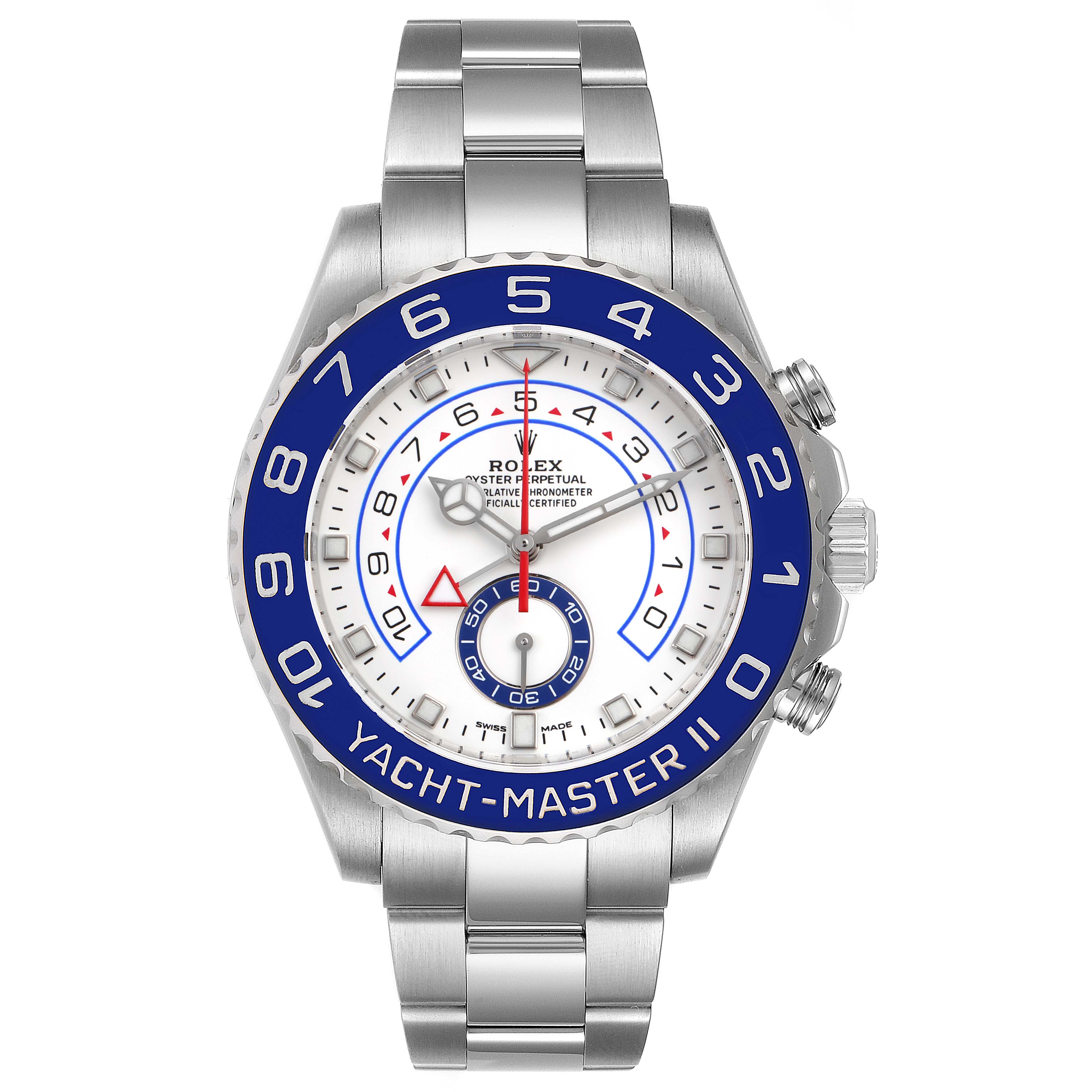 The Rolex Yacht-Master 116680 Men
s Stainless Steel White Dial 116680 Men
s Stainless Steel White Dial watch is shown from a front angle, displaying the full face and metal bracelet.