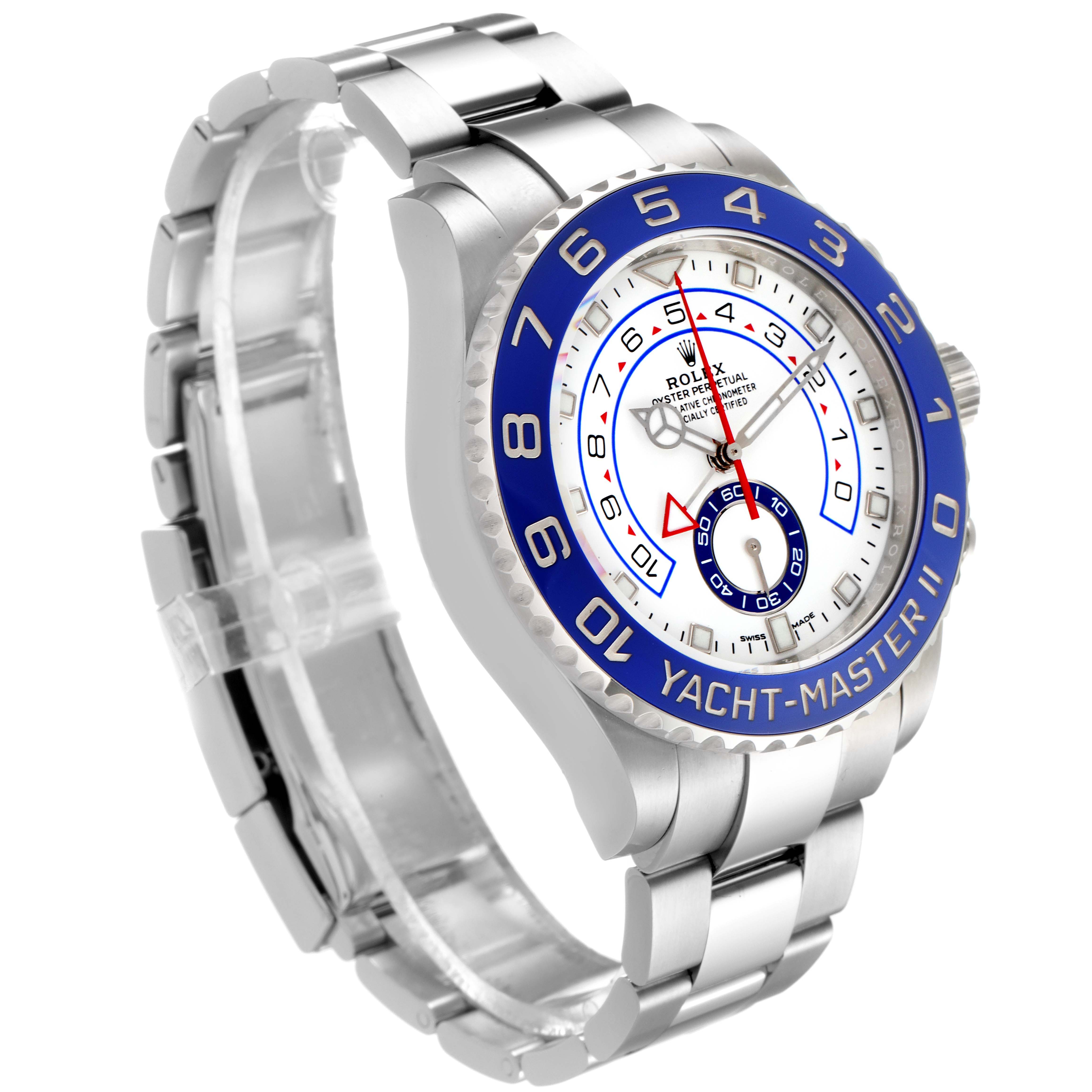 The image shows a Rolex Yacht-Master 116680 Men
s Stainless Steel White Dial 116680 Men
s Stainless Steel White Dial II watch at a 3/4 angle, highlighting the bracelet, dial, and bezel.