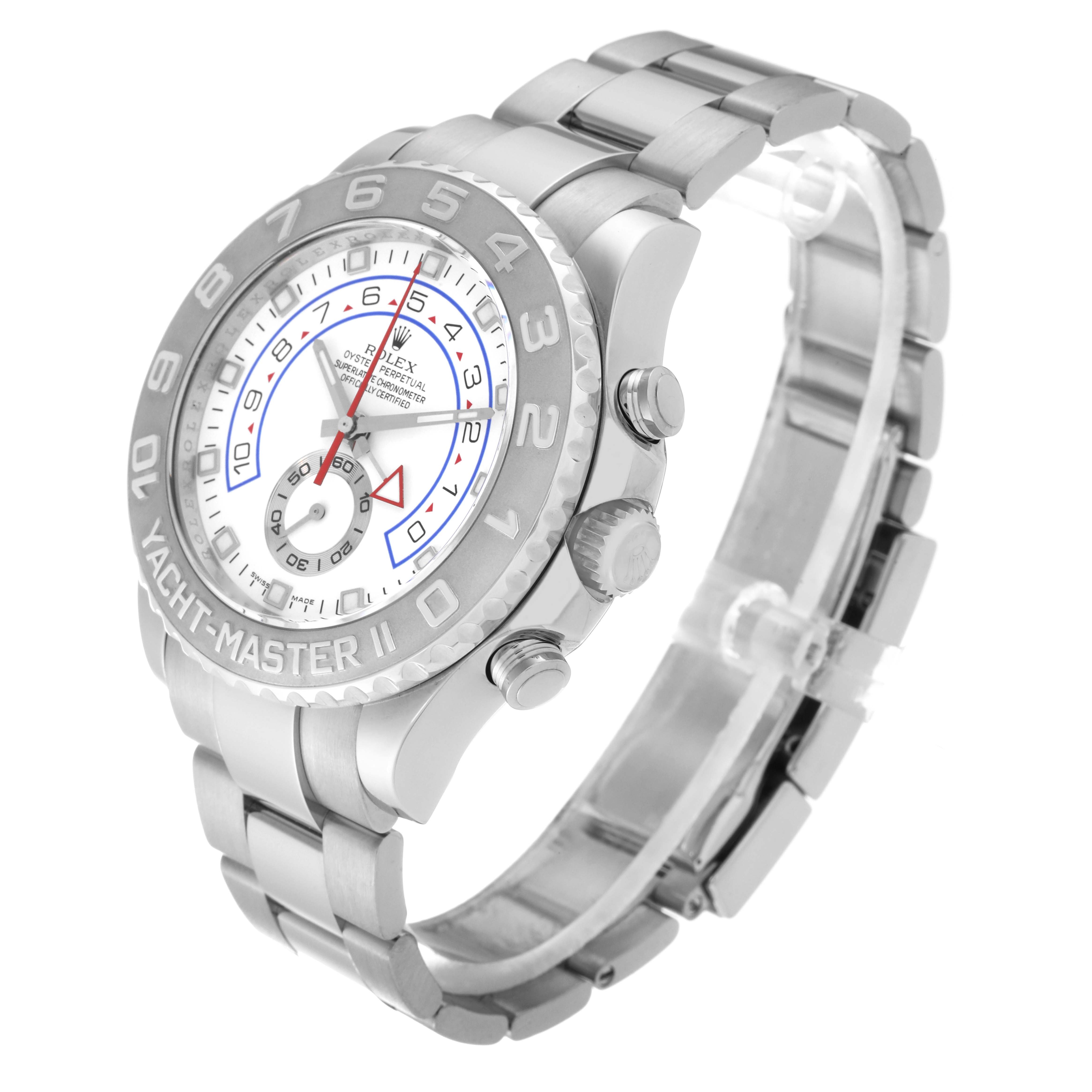 The angle displayed showcases the face, bezel, and bracelet of the Rolex Yacht-Master 116689 Men's White Gold White Dial 116689 Men's White Gold White Dial watch.