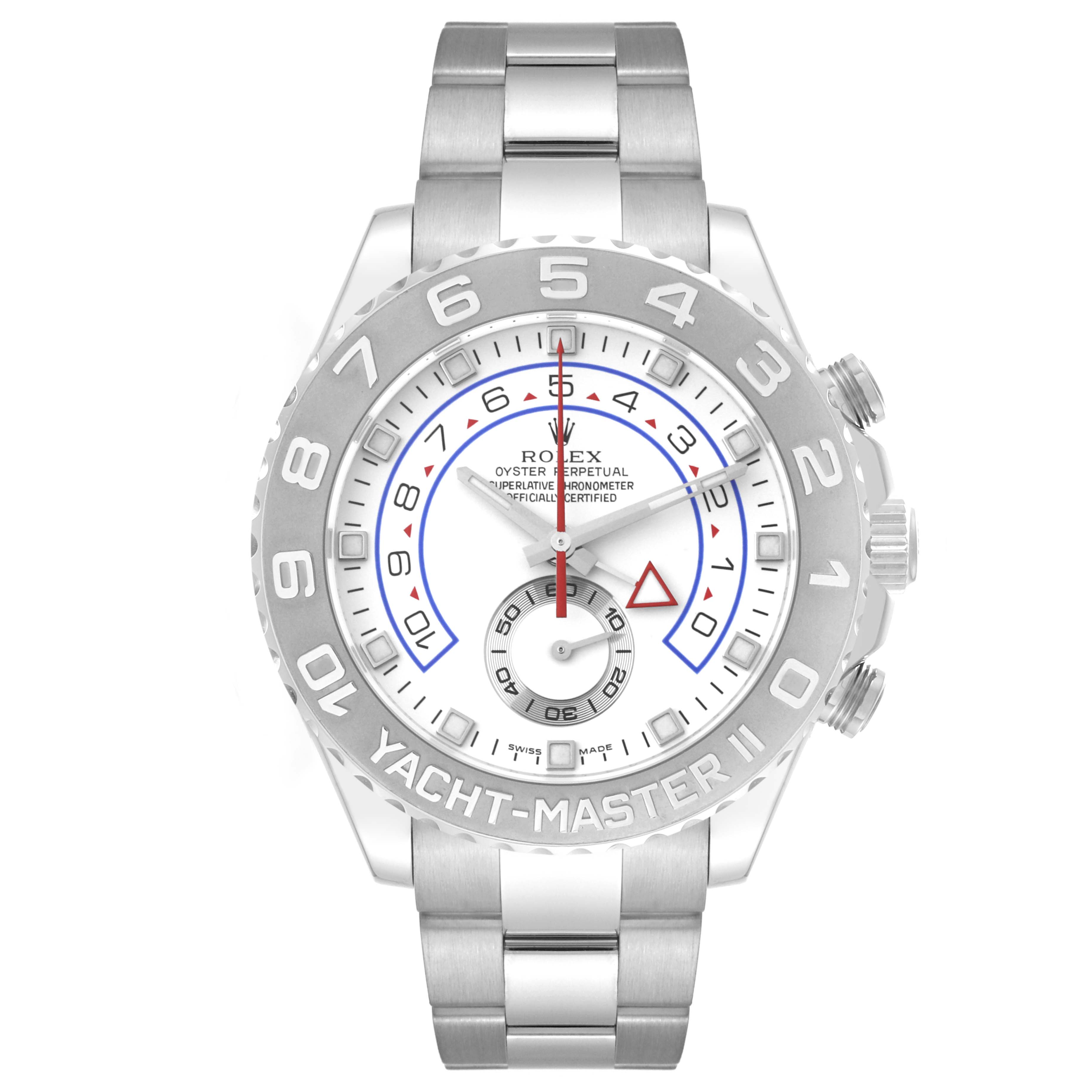 The Rolex Yacht-Master 116689 Men's White Gold White Dial 116689 Men's White Gold White Dial watch is shown from a top-down angle displaying its face, bezel, and part of the bracelet.
