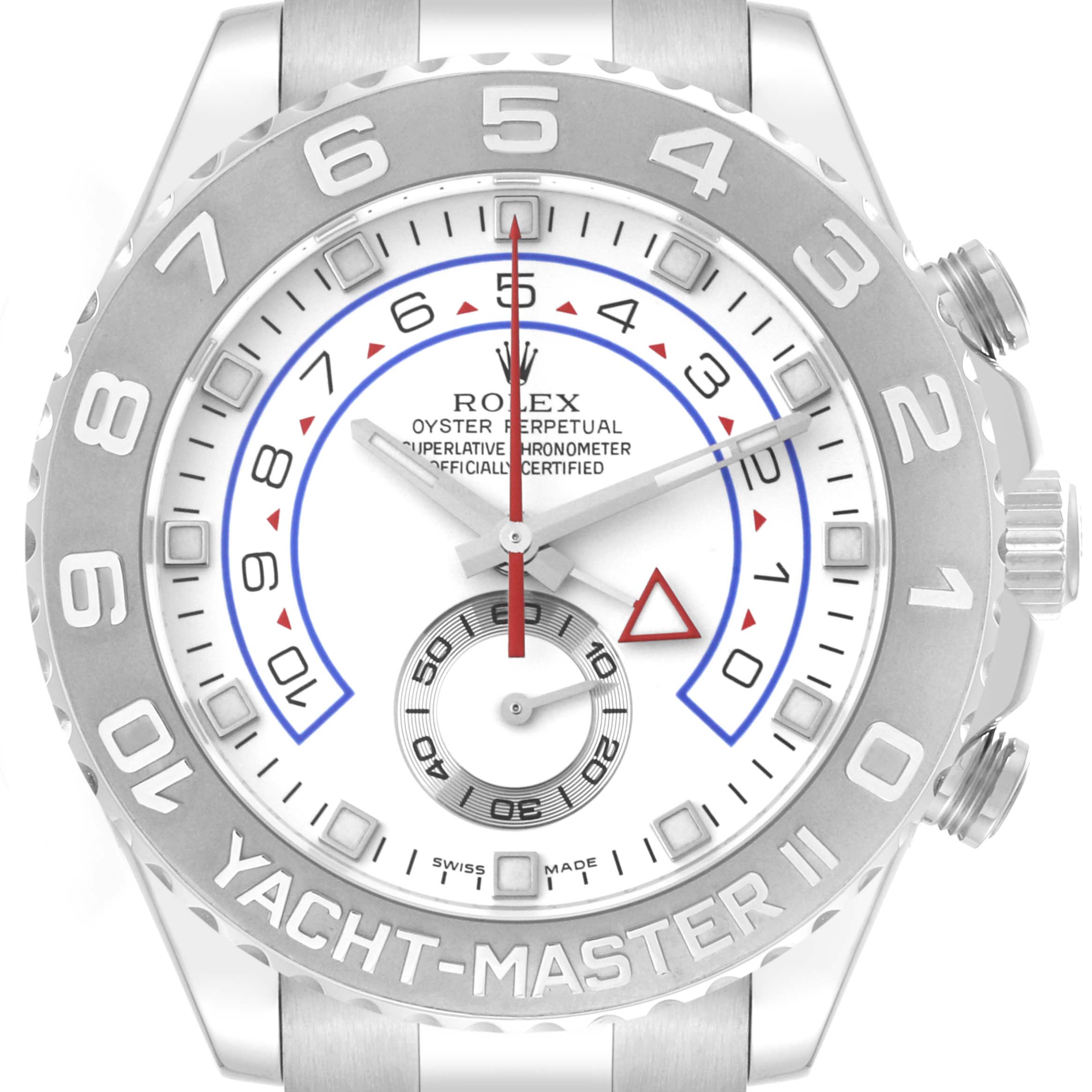 The image shows a frontal view of the Rolex Yacht-Master 116689 Men's White Gold White Dial 116689 Men's White Gold White Dial watch, highlighting its dial, bezel, and crown.