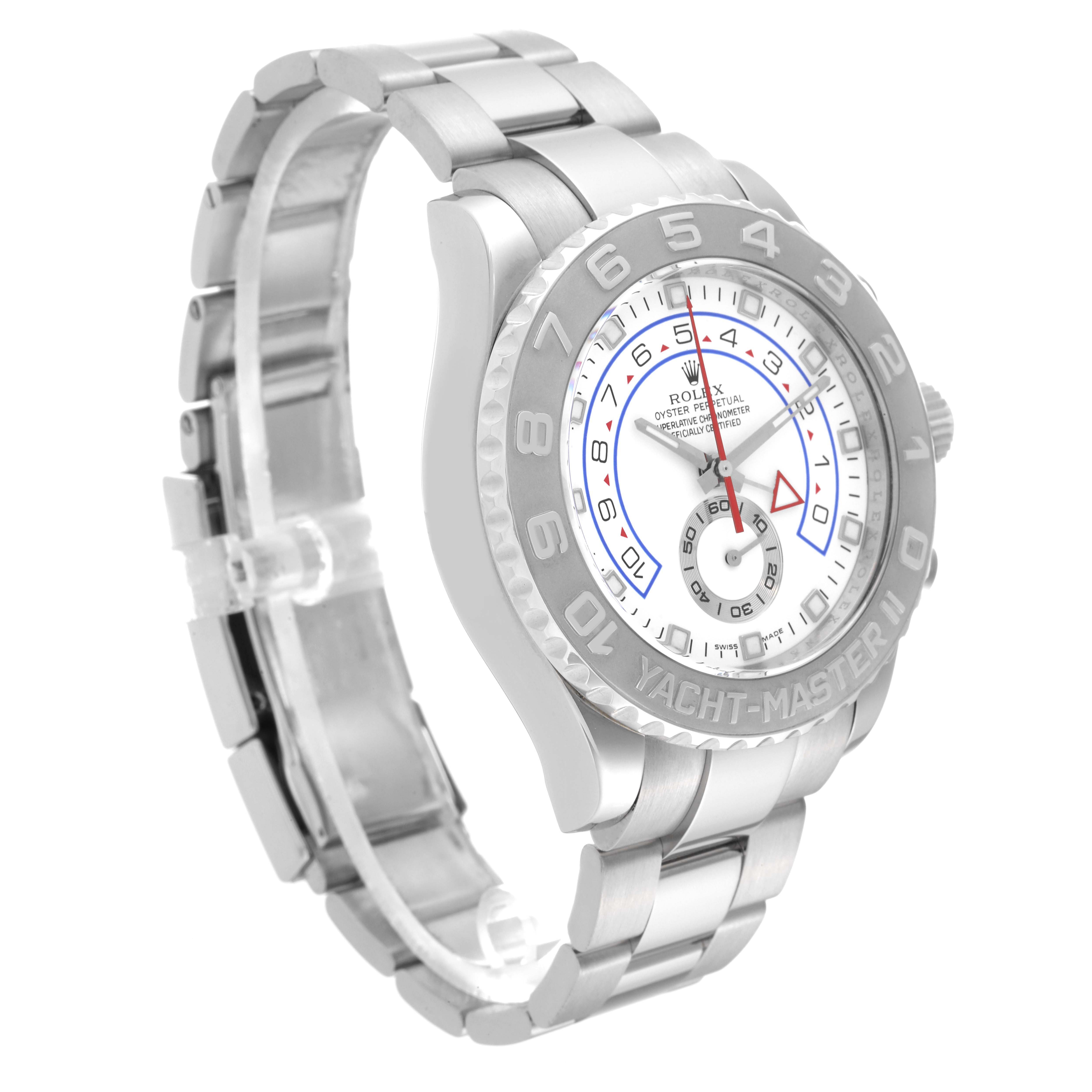 The Rolex Yacht-Master 116689 Men's White Gold White Dial 116689 Men's White Gold White Dial watch is shown at a three-quarter angle, highlighting the face, bezel, and bracelet.