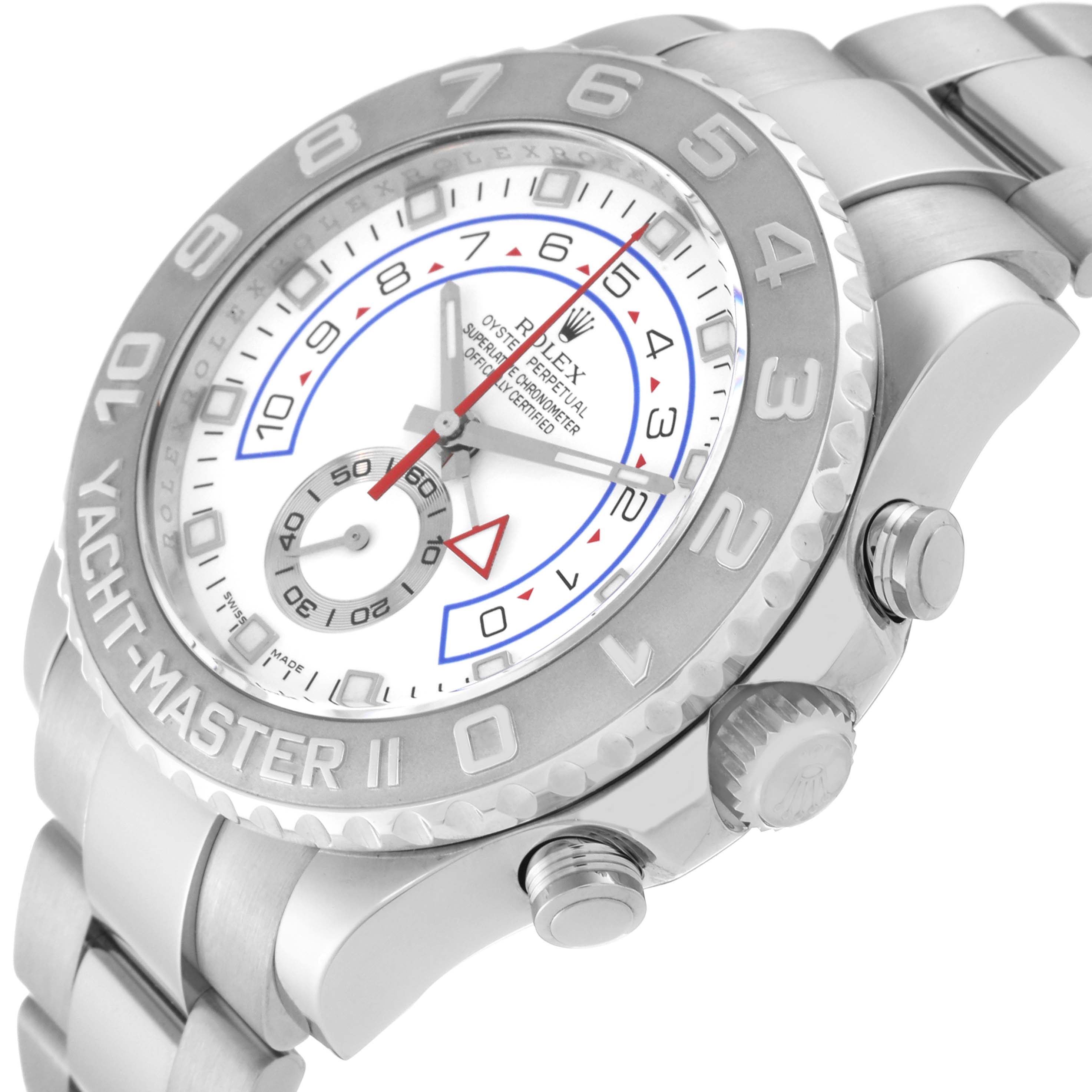 The image shows a close-up angled view of the Rolex Yacht-Master 116689 Men's White Gold White Dial 116689 Men's White Gold White Dial II watch, highlighting its face, bezel, and side buttons.