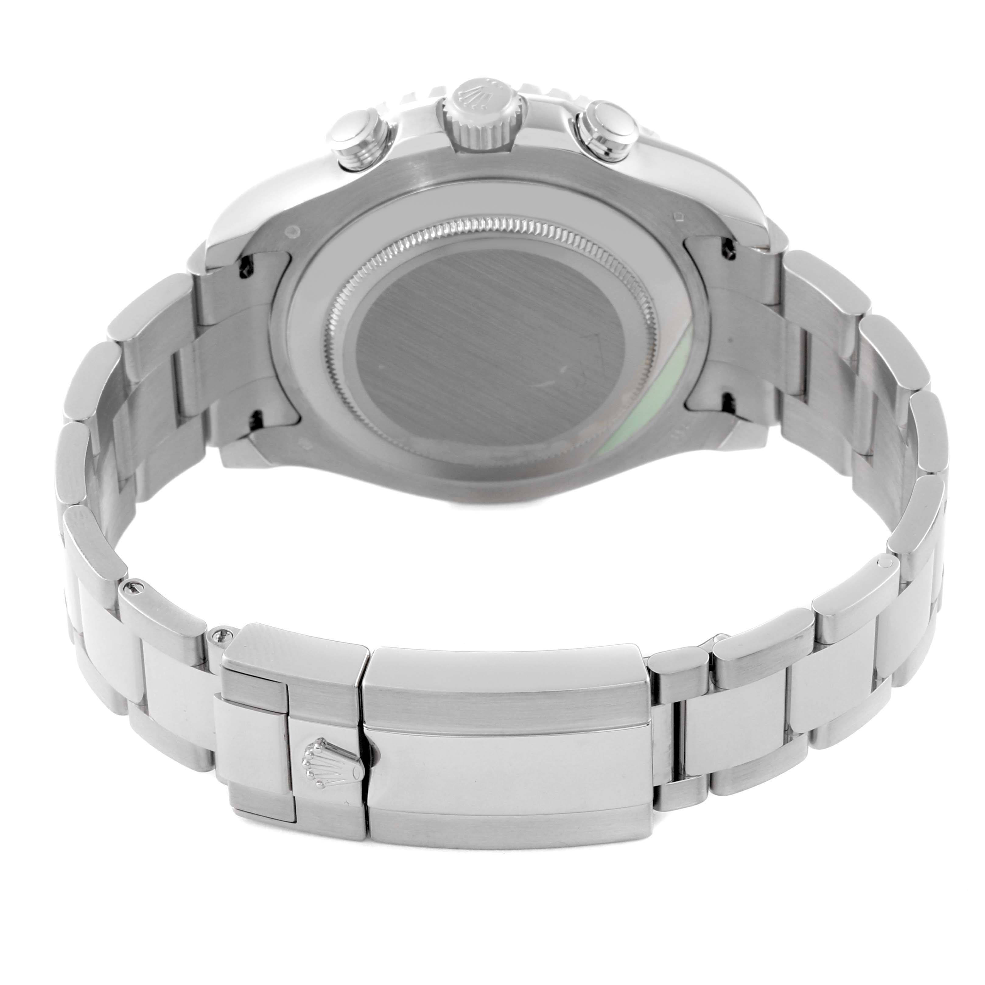 The image shows the back view of a Rolex Yacht-Master 116689 Men's White Gold White Dial 116689 Men's White Gold White Dial watch, highlighting its case back and metal bracelet clasp.