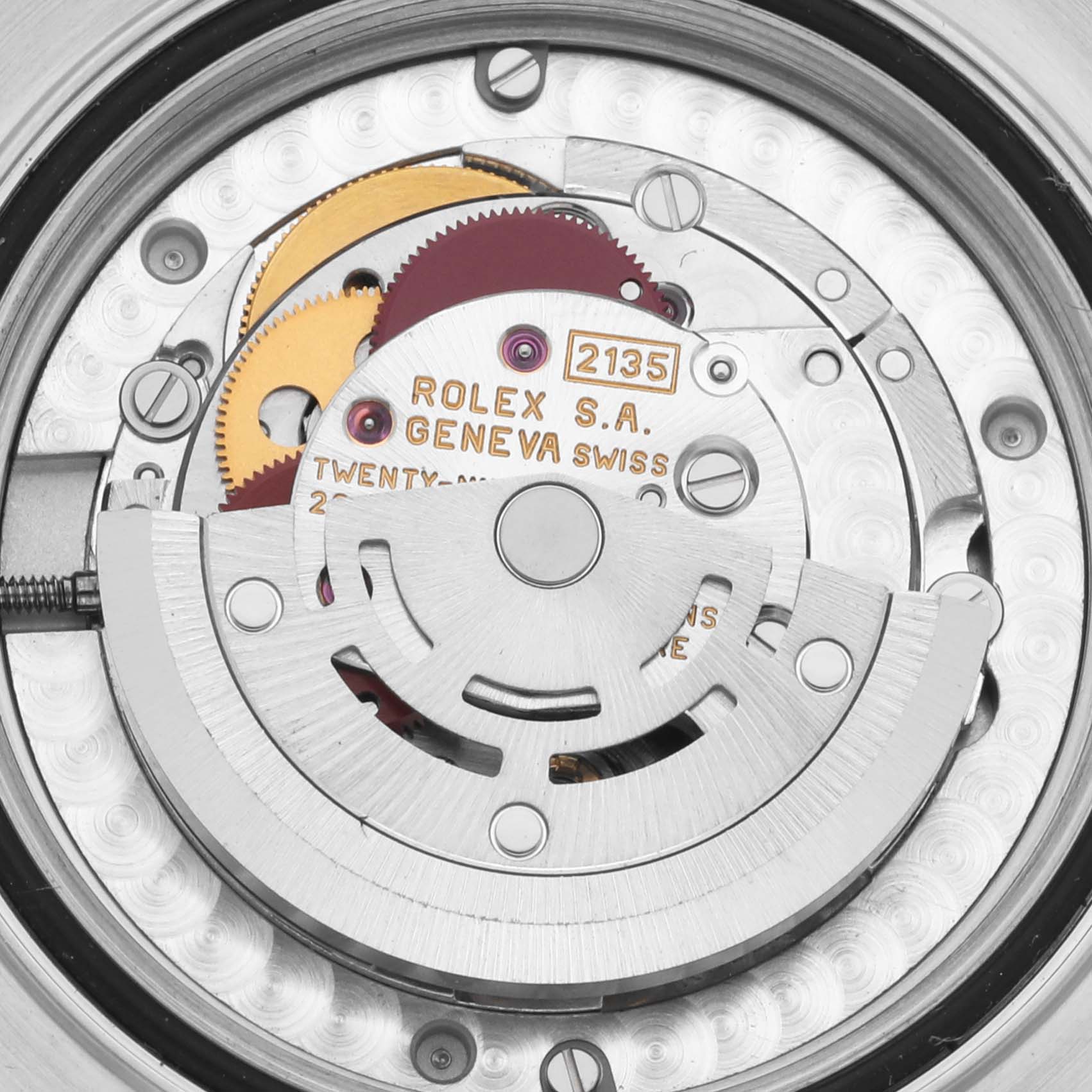 The image shows the internal movement mechanism of the Rolex Yacht-Master 68623 Men
s Steel and Gold (two tone) Blue Dial 68623 Men
s Steel and Gold (two tone) Blue Dial watch, focusing on the rotor and gears.