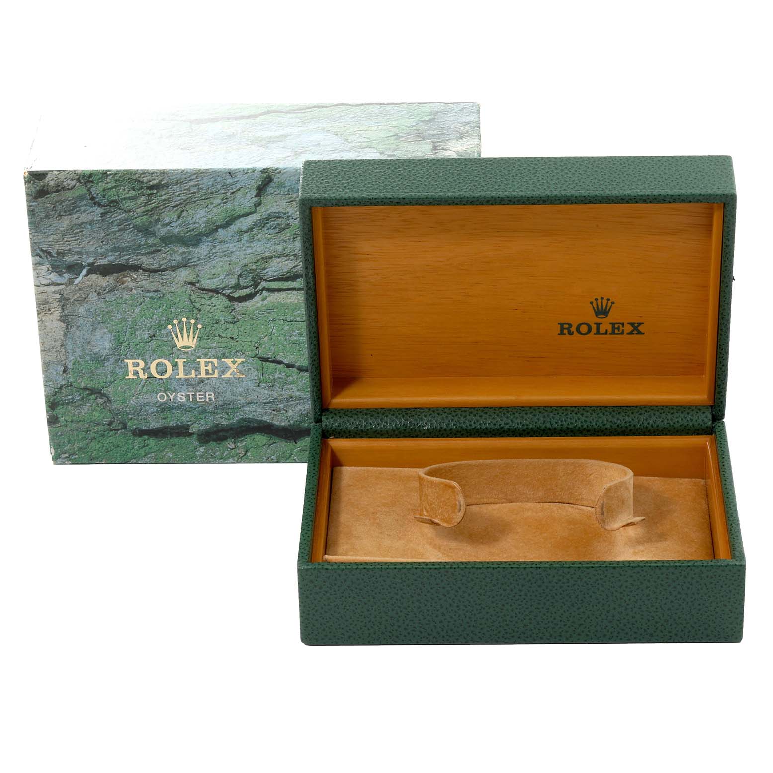 The image shows an open Rolex Yacht-Master 68623 Men
s Steel and Gold (two tone) Blue Dial 68623 Men
s Steel and Gold (two tone) Blue Dial watch box, highlighting the interior and exterior packaging.