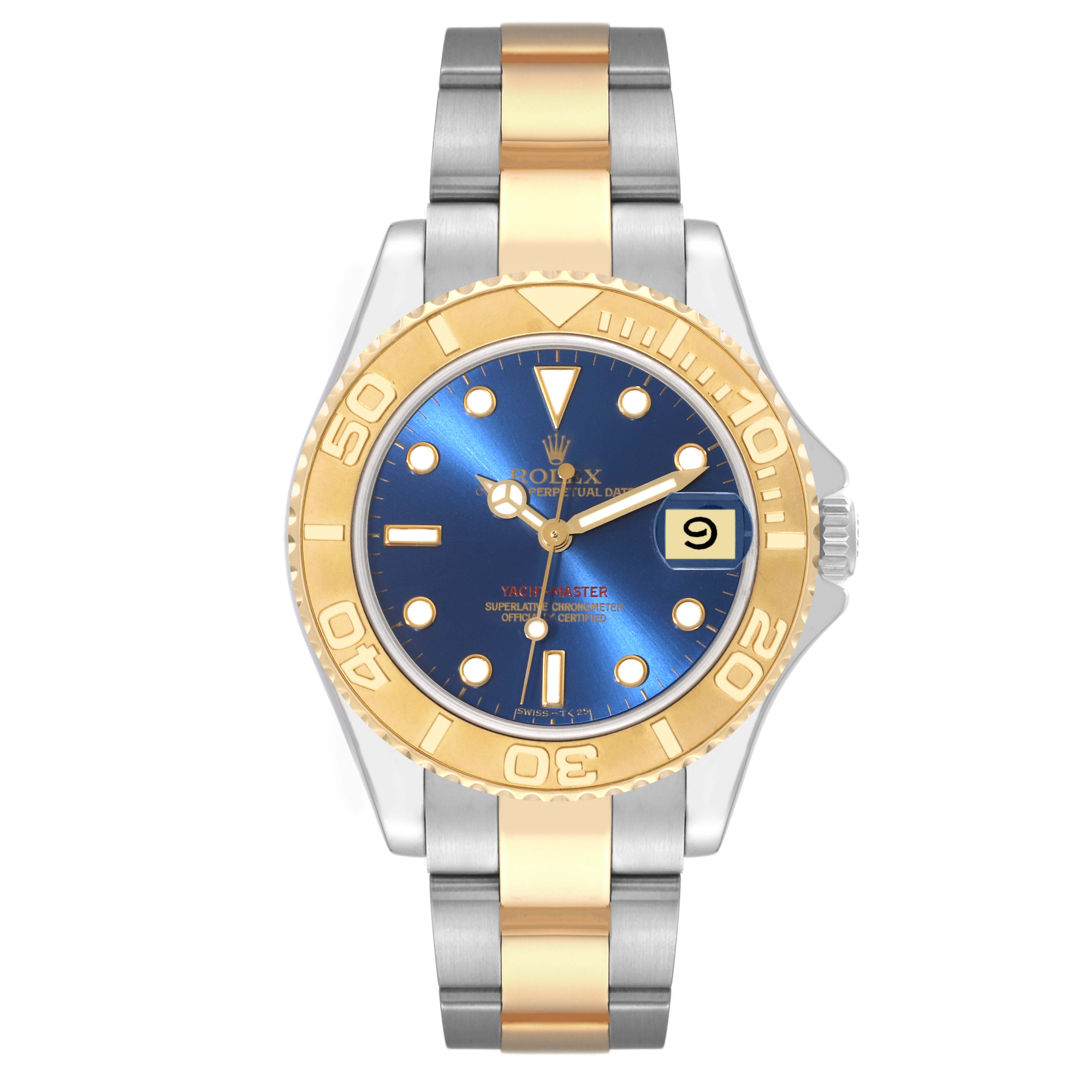 The image shows a front view of a Rolex Yacht-Master 68623 Men
s Steel and Gold (two tone) Blue Dial 68623 Men
s Steel and Gold (two tone) Blue Dial watch, highlighting its blue dial, gold bezel, and two-tone metal bracelet.